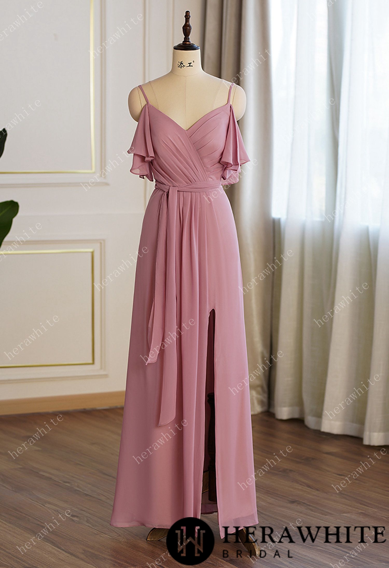 Off Shoulder Chiffon Long Bridesmaid Dress Pleated With Split