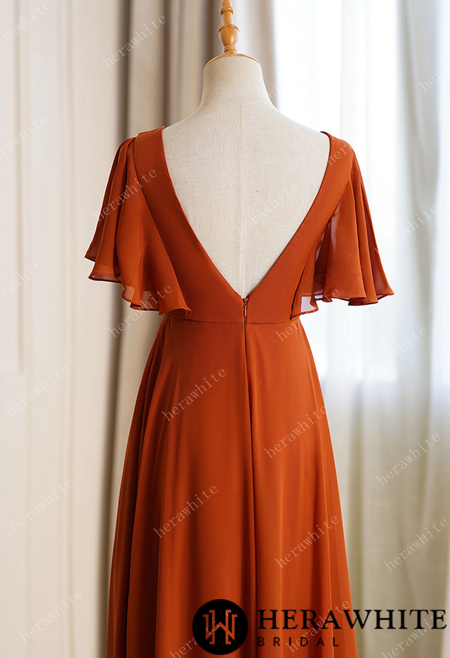Bateau Neckline Ruffle Sleeves Aline Bridesmaid Dress