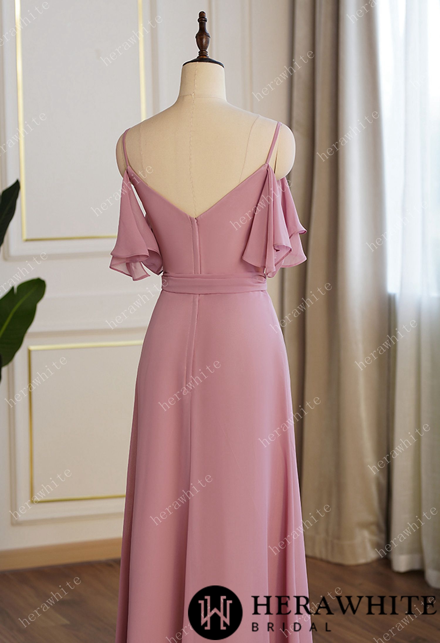Off Shoulder Chiffon Long Bridesmaid Dress Pleated With Split