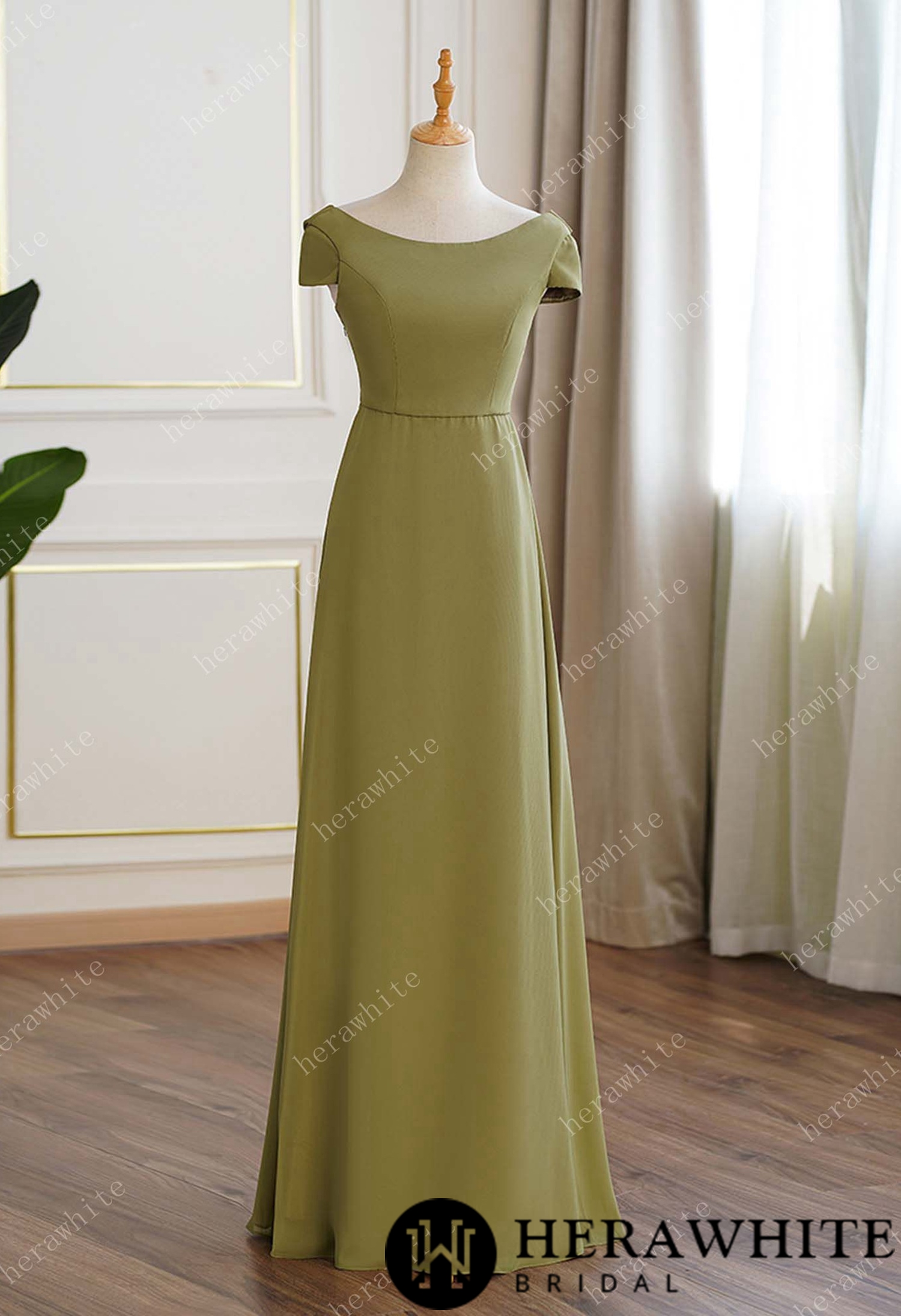 Lime Green Chiffon Cap Sleeves Long Bridesmaid Dress