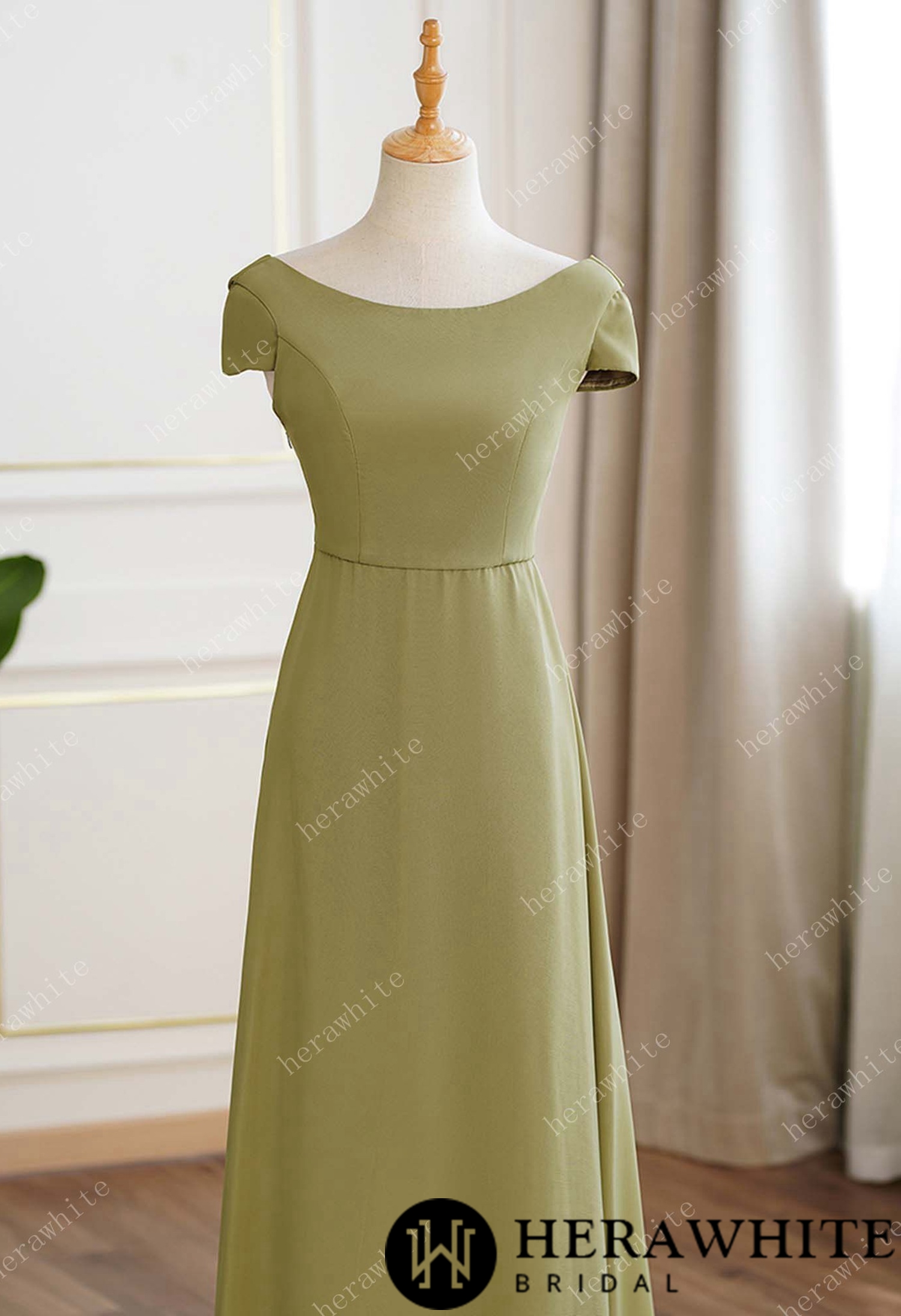 Lime Green Chiffon Cap Sleeves Long Bridesmaid Dress