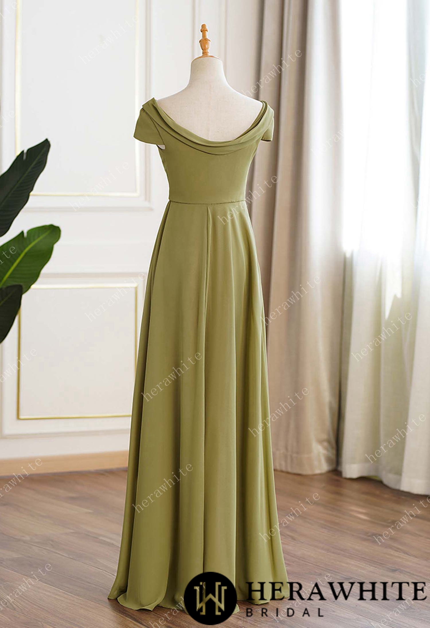 Lime Green Chiffon Cap Sleeves Long Bridesmaid Dress