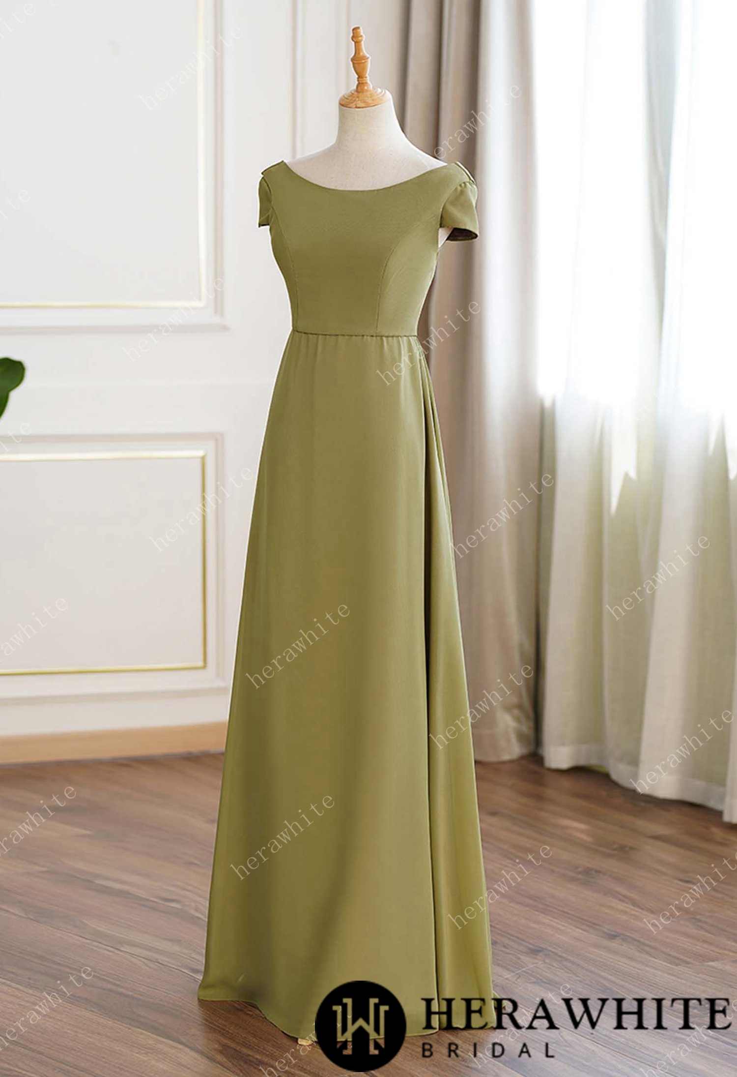 Lime Green Chiffon Cap Sleeves Long Bridesmaid Dress