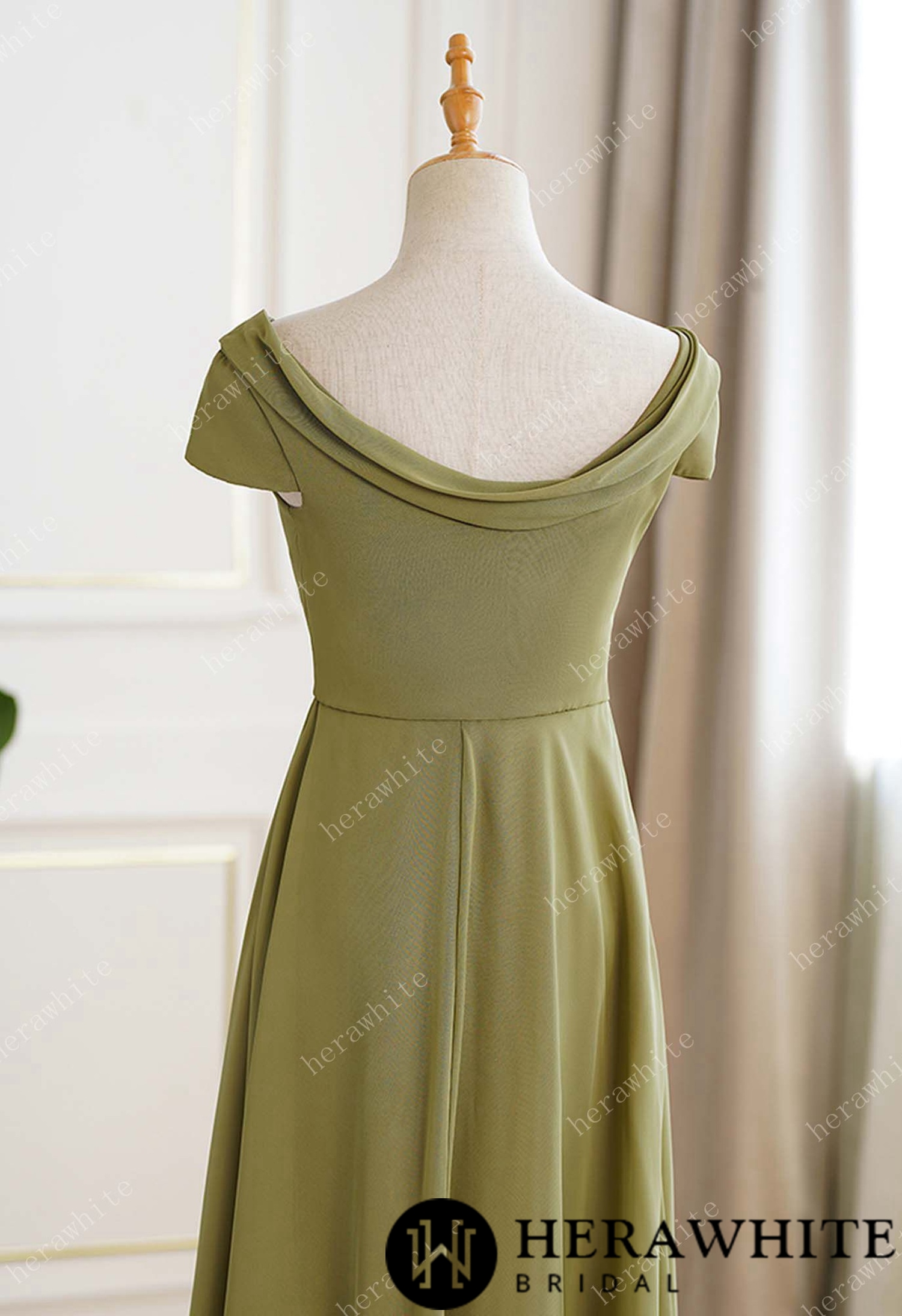 Lime Green Chiffon Cap Sleeves Long Bridesmaid Dress