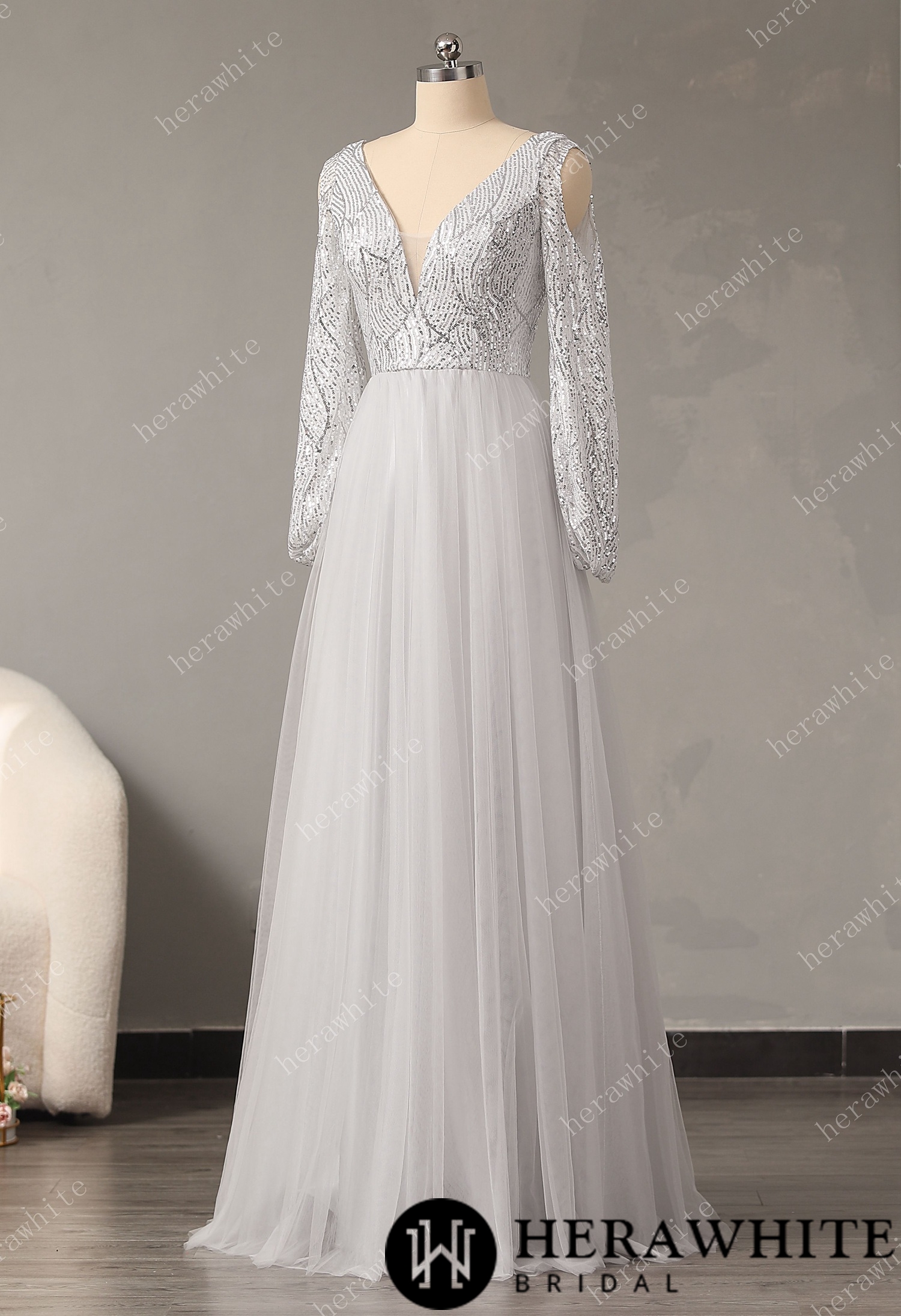 Chiffon Formal Dress for Women, Sexy V Neck Sequin Evening Dress A-Line Bridesmaid Dress