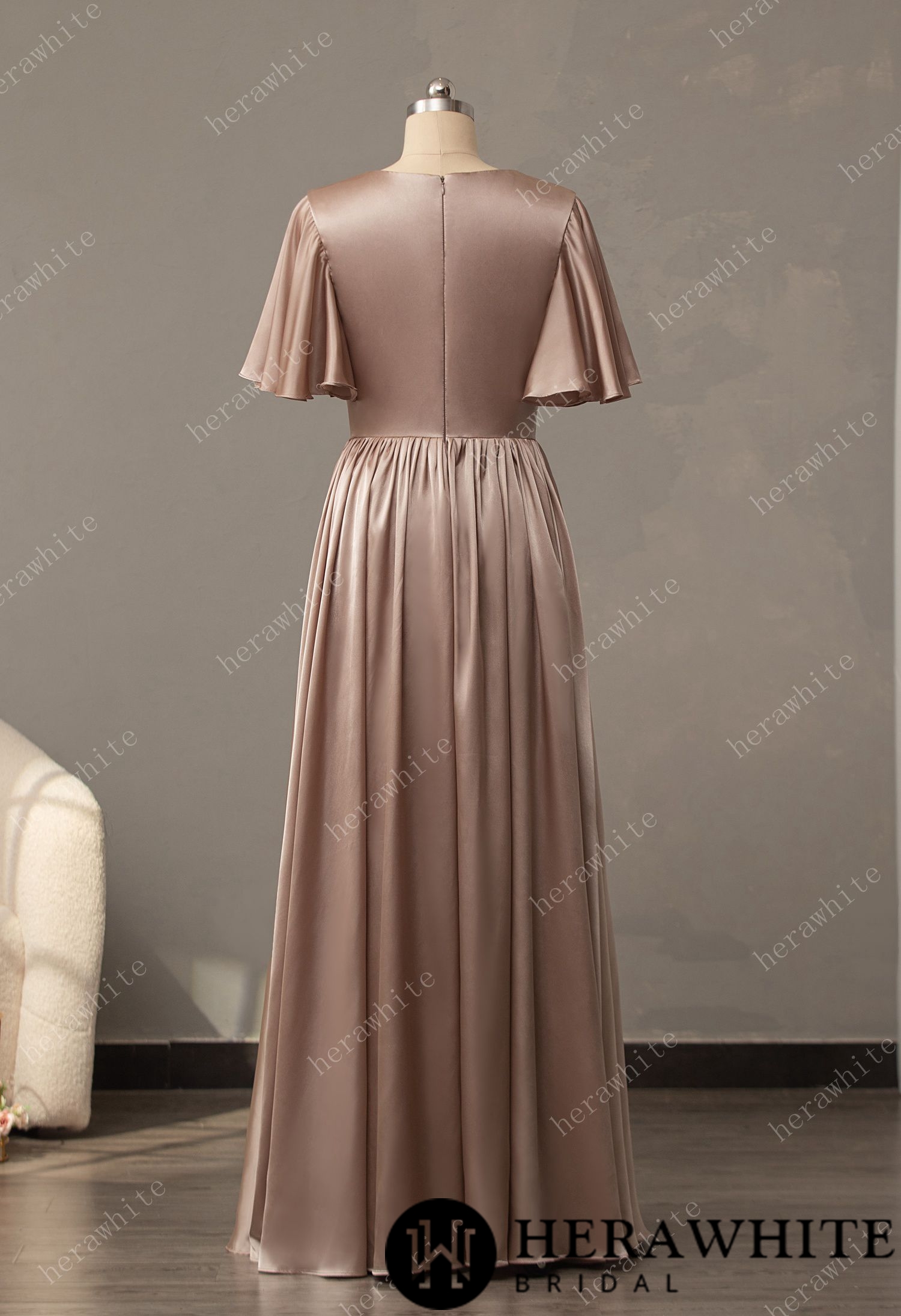 V-Neck Long Short Sleeve Bridesmaid Dress