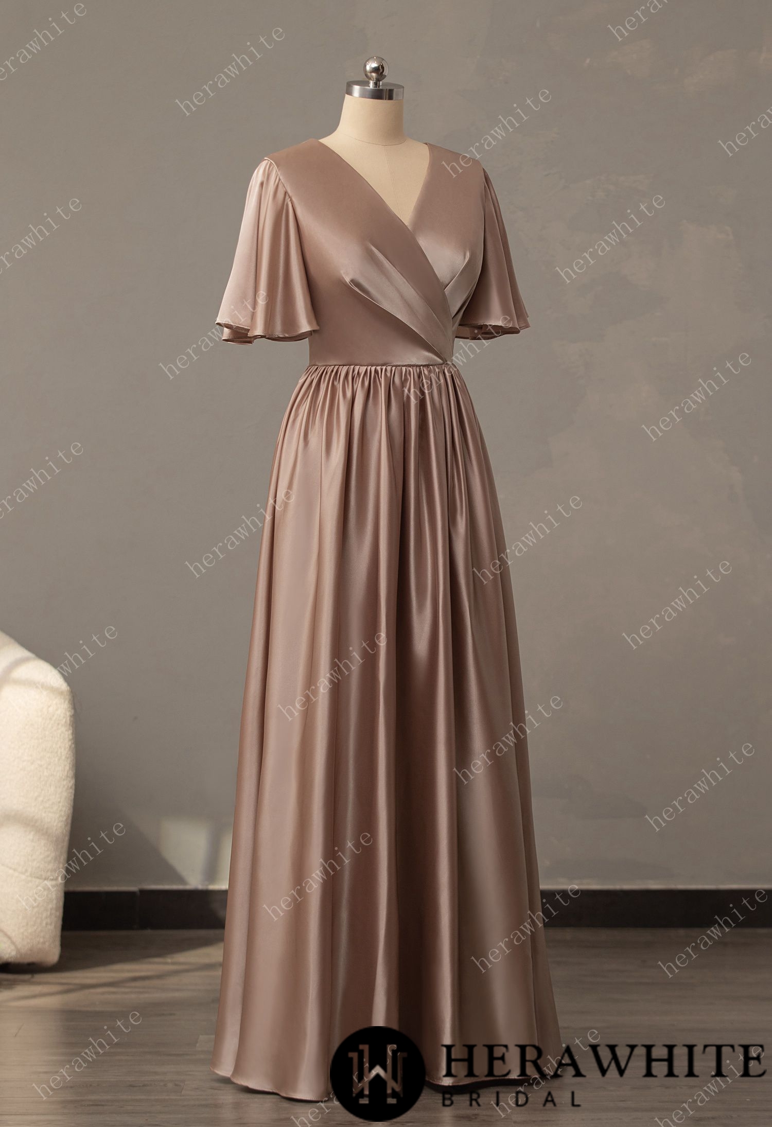V-Neck Long Short Sleeve Bridesmaid Dress