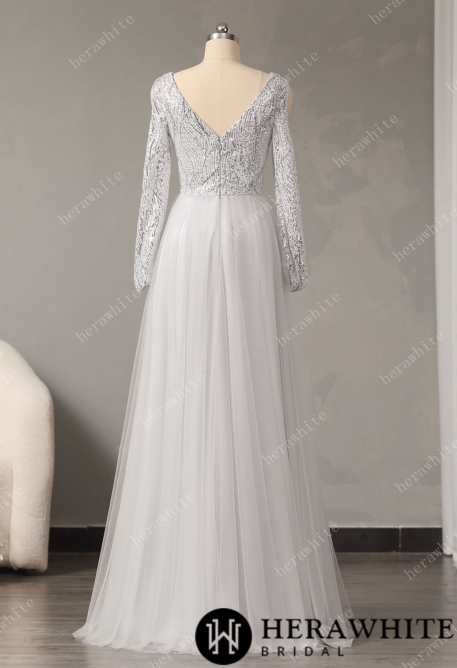 Chiffon Formal Dress for Women, Sexy V Neck Sequin Evening Dress A-Line Bridesmaid Dress