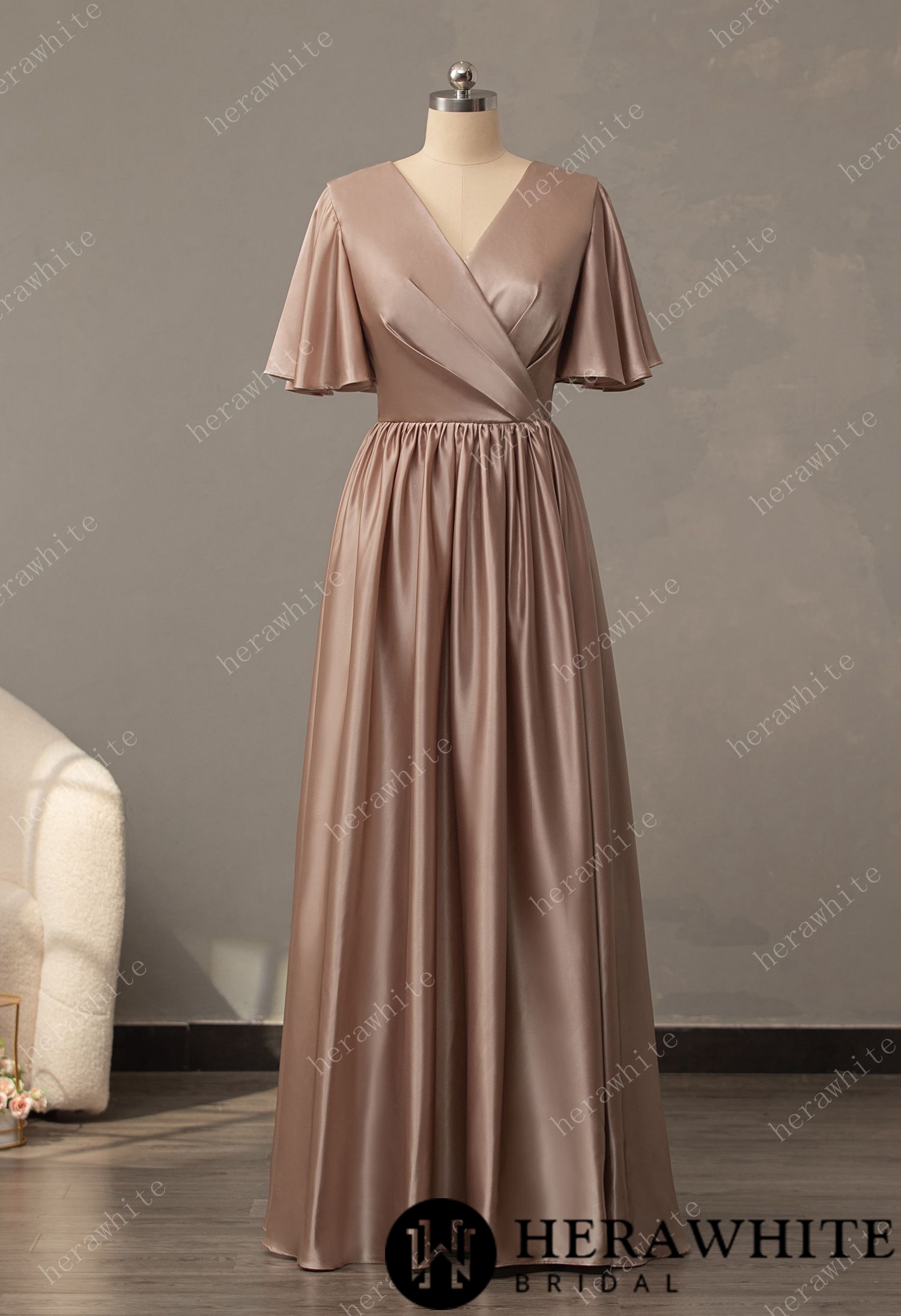 V-Neck Long Short Sleeve Bridesmaid Dress