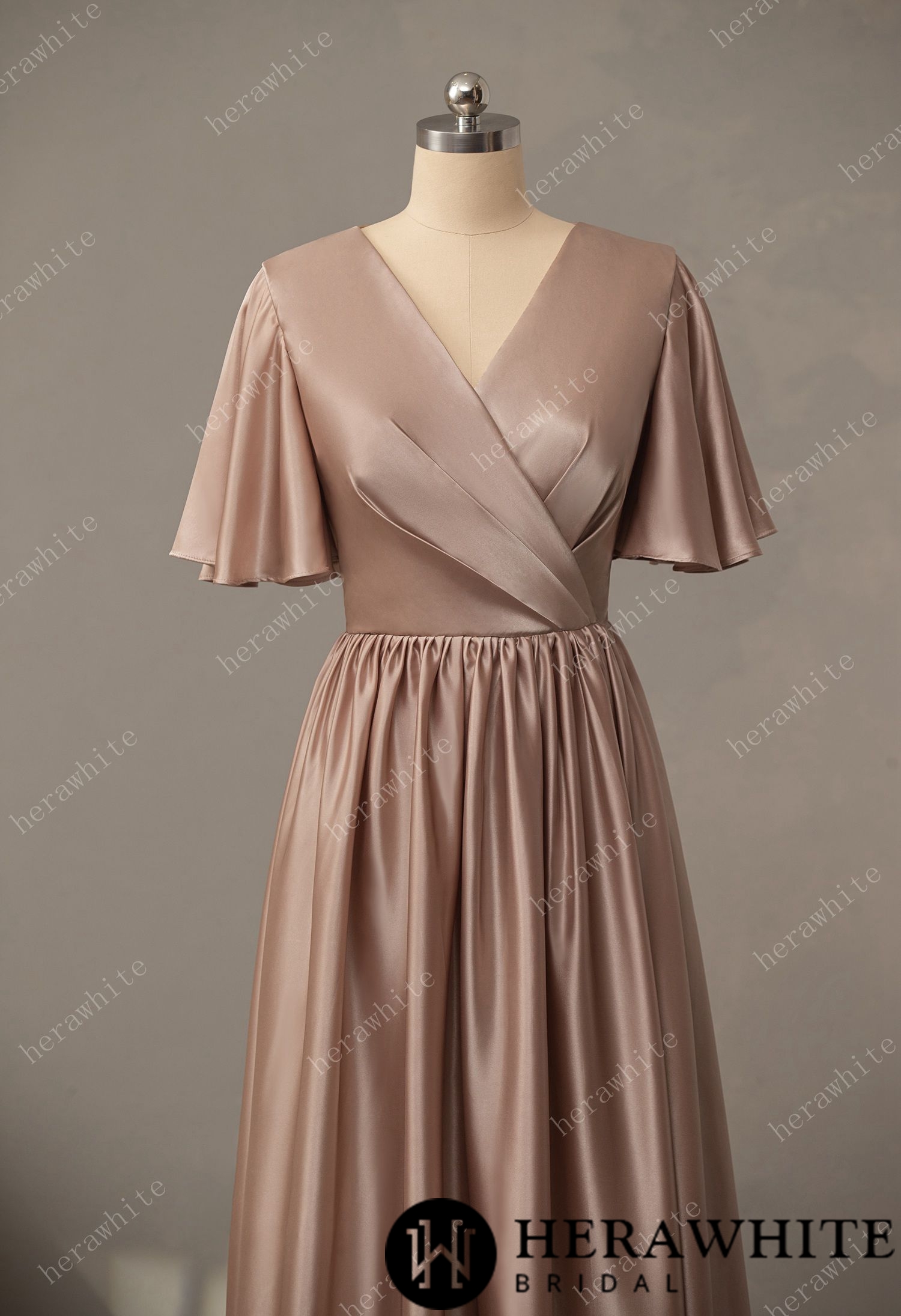 V-Neck Long Short Sleeve Bridesmaid Dress