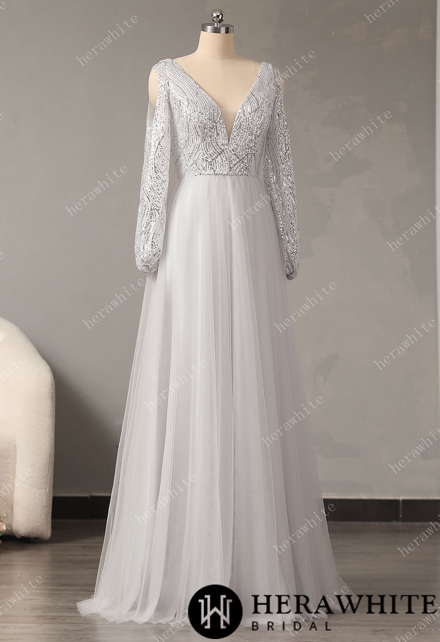 Chiffon Formal Dress for Women, Sexy V Neck Sequin Evening Dress A-Line Bridesmaid Dress