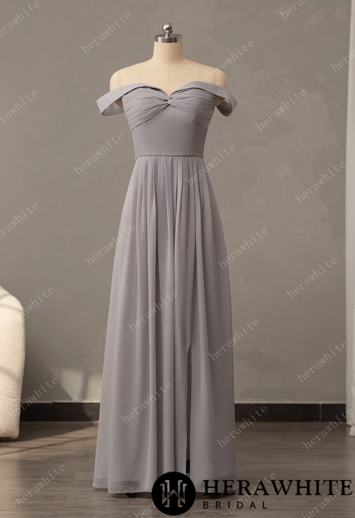 Off The Shoulder Chiffon Bridesmaid Dresses Long Split A-Line Floor Length Ruched Pleated Lace up