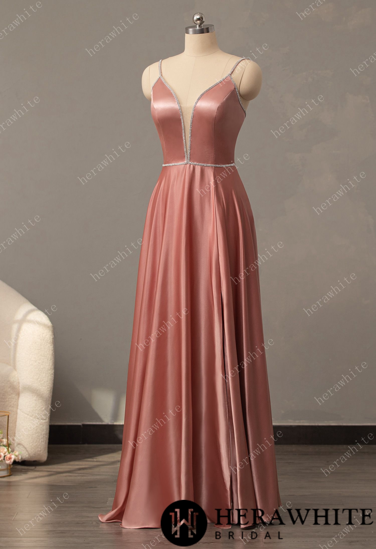 V-Neck A-Line Prom Dresses Long with Slit