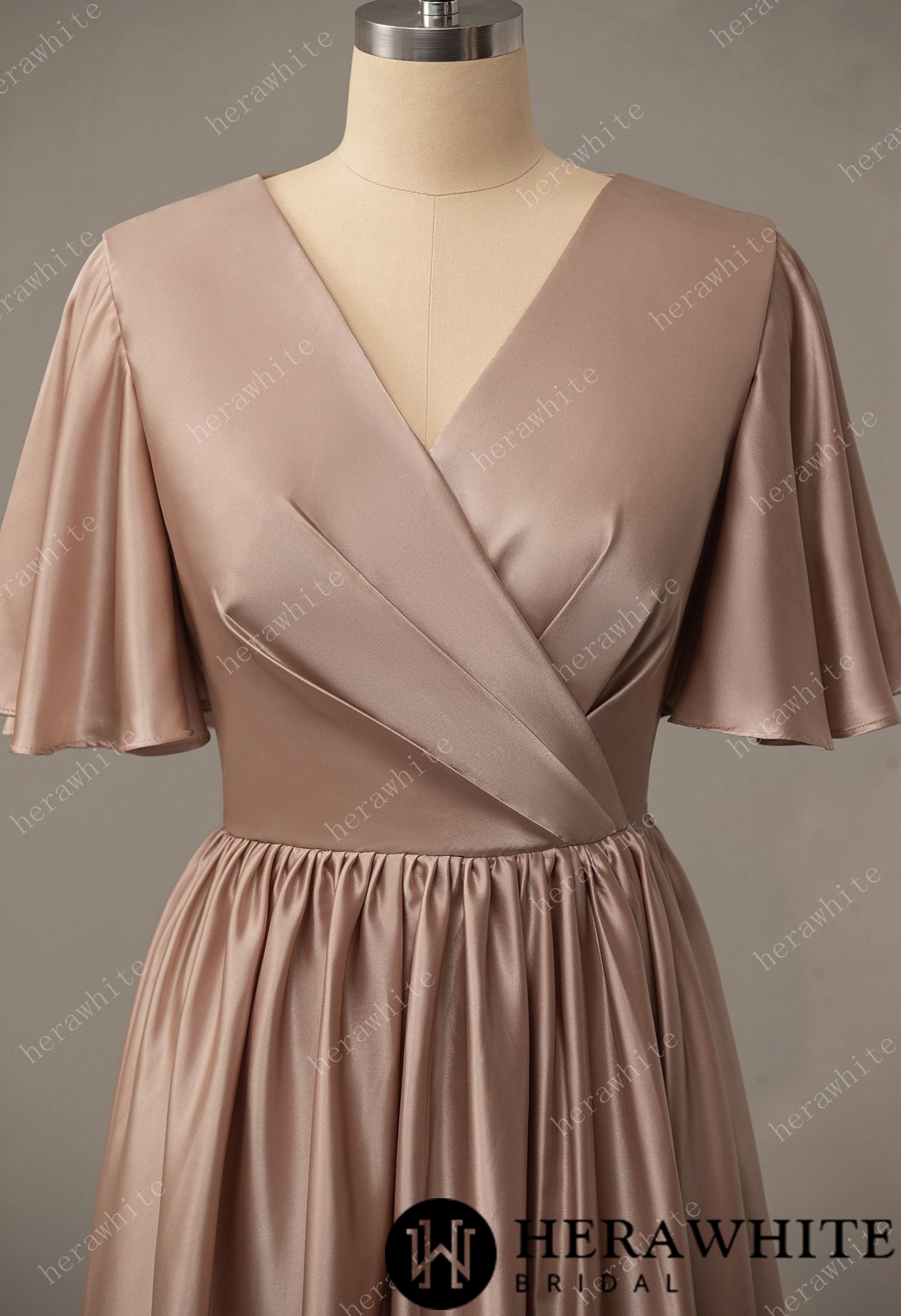 V-Neck Long Short Sleeve Bridesmaid Dress