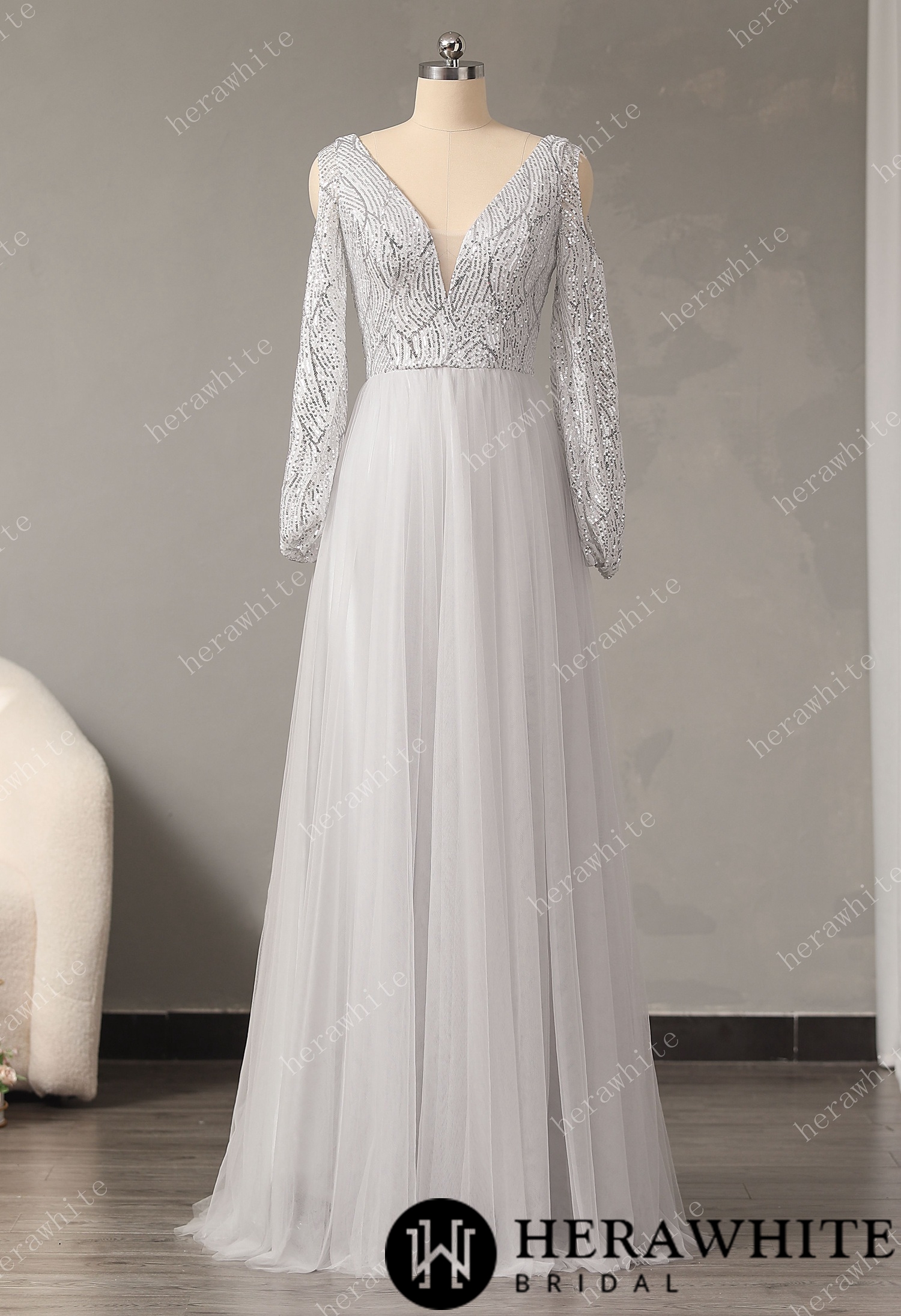 Chiffon Formal Dress for Women, Sexy V Neck Sequin Evening Dress A-Line Bridesmaid Dress