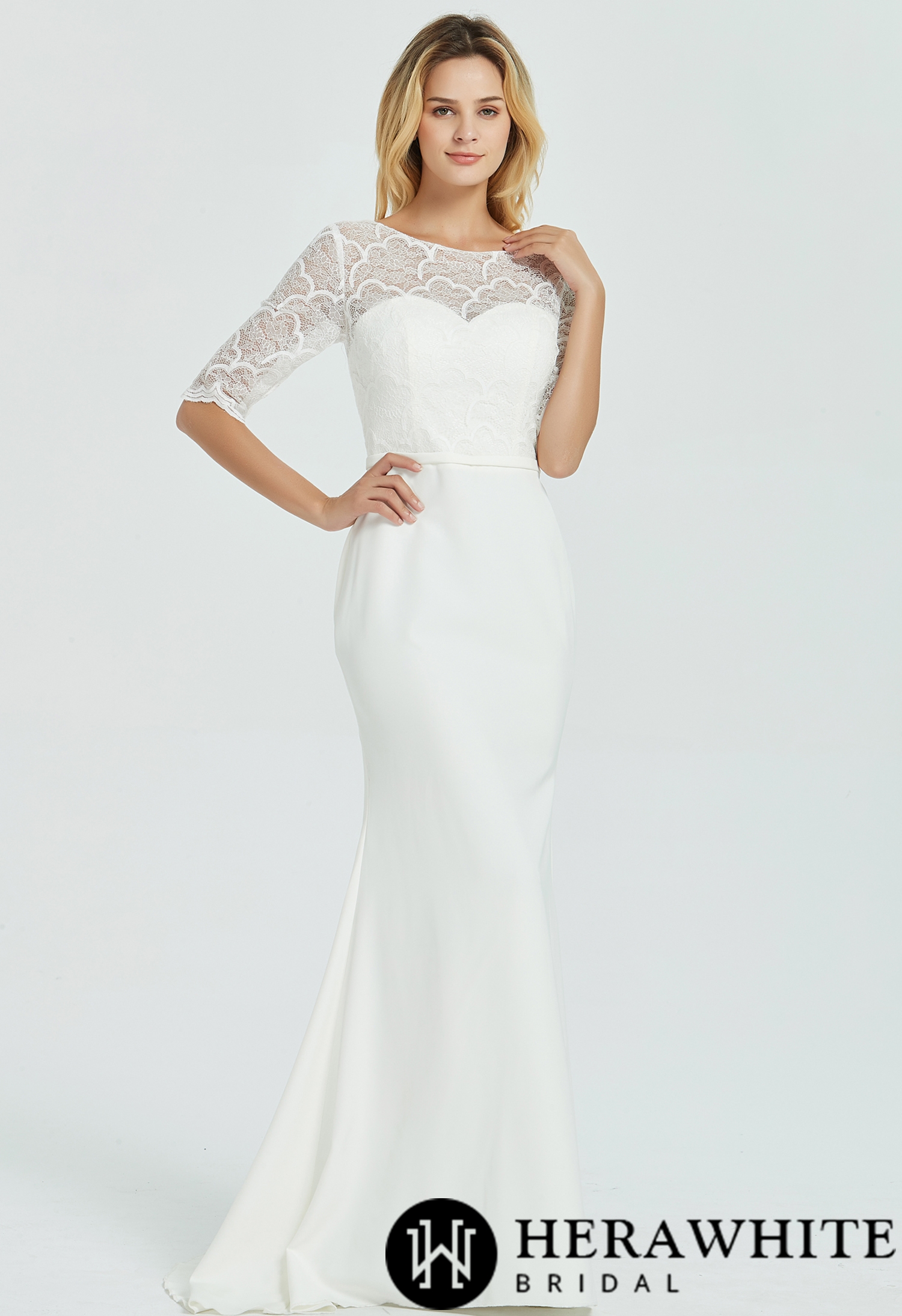 Sample Sale / Crepe Long Sleeve Modest  Lace  Sheath Wedding Dress