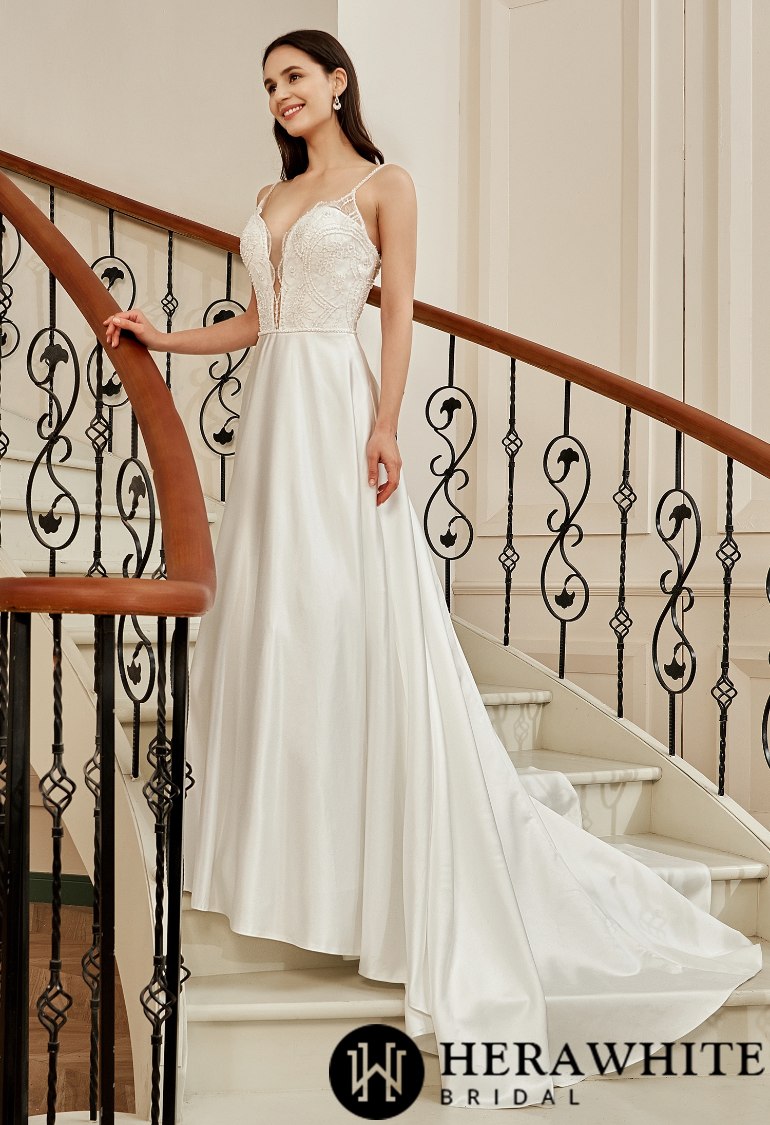 Sample Sale/ Beaded Deep V-neckline Satin A-Line Pockets Wedding Dress