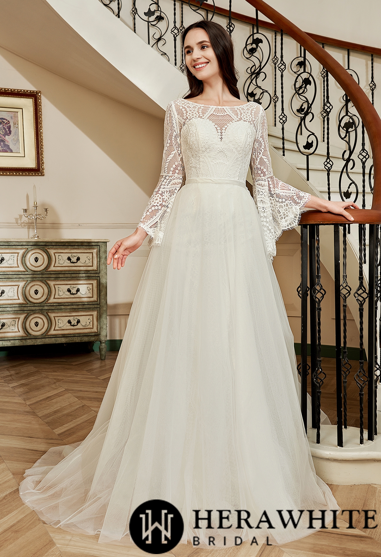 Sample Sale/ Illusion Neckline Lace Wedding Dress With Removeable Overskirt