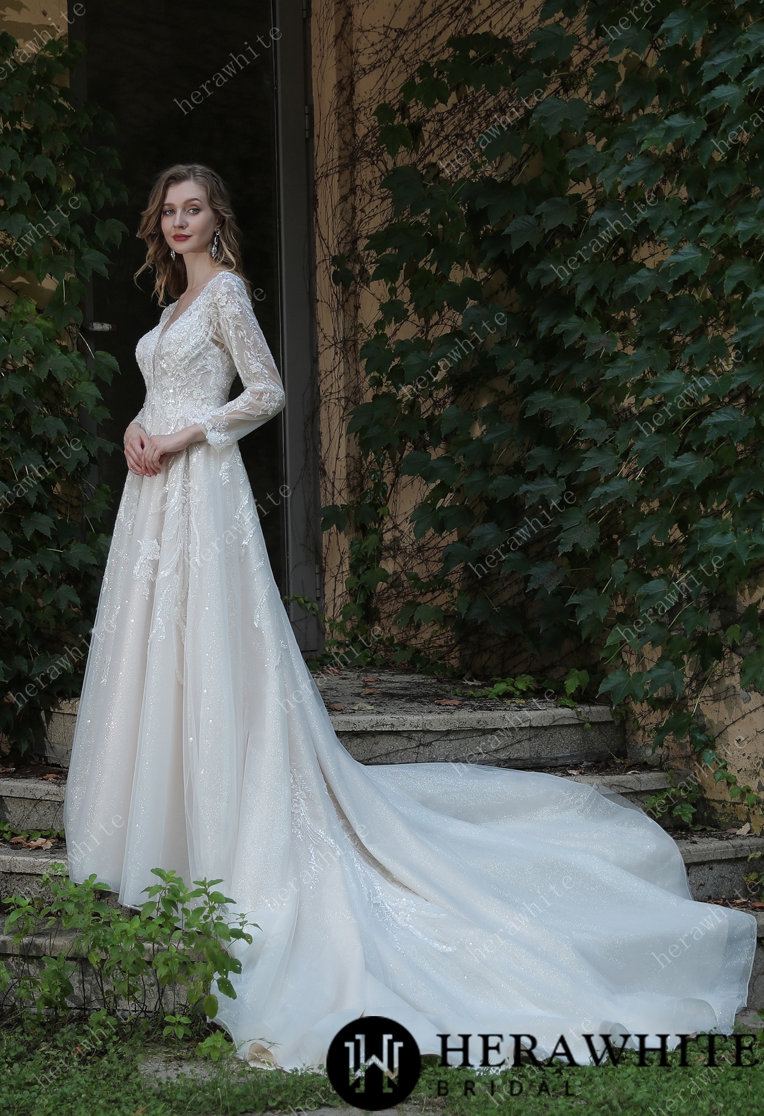 Long Sleeve Lace A-Line Plunging V-Neck Wedding Dress