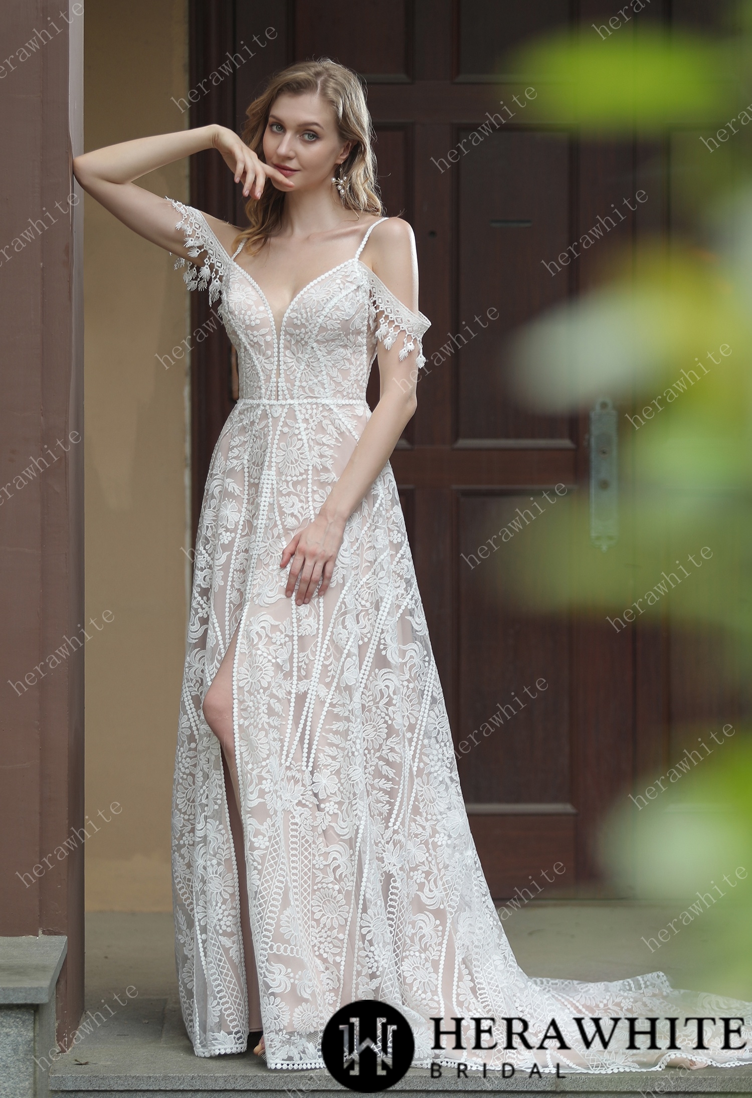 Beach Bohemian Lace Plunging V-Neckline Wedding Dress