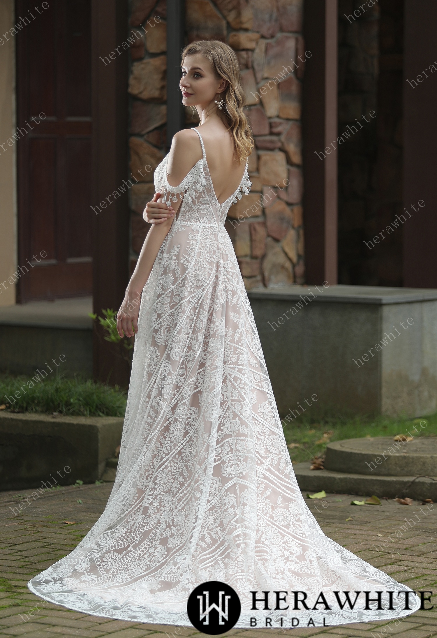 Beach Bohemian Lace Plunging V-Neckline Wedding Dress