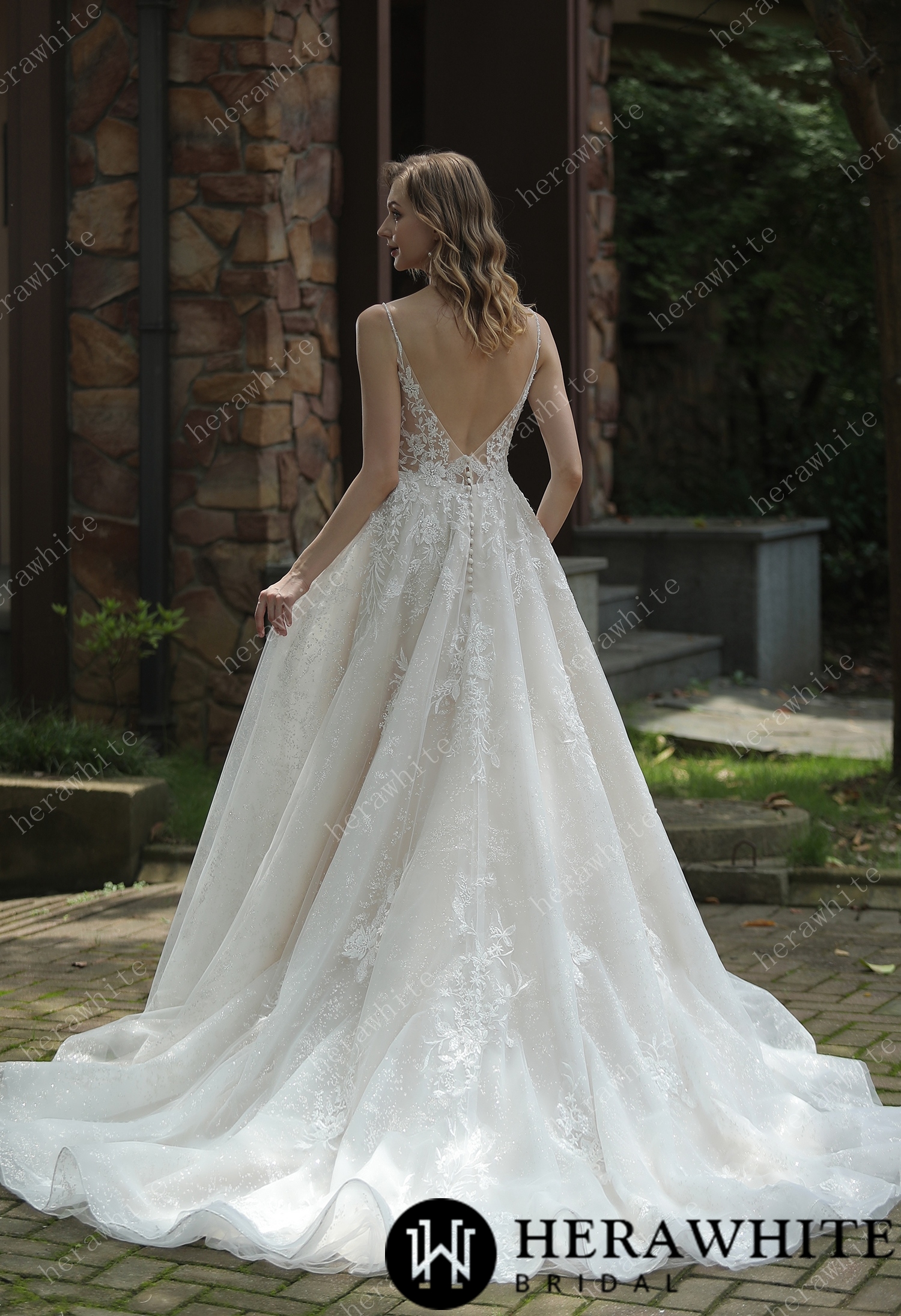 Sparkly A-Line Beaded Spaghetti Straps Wedding Dress