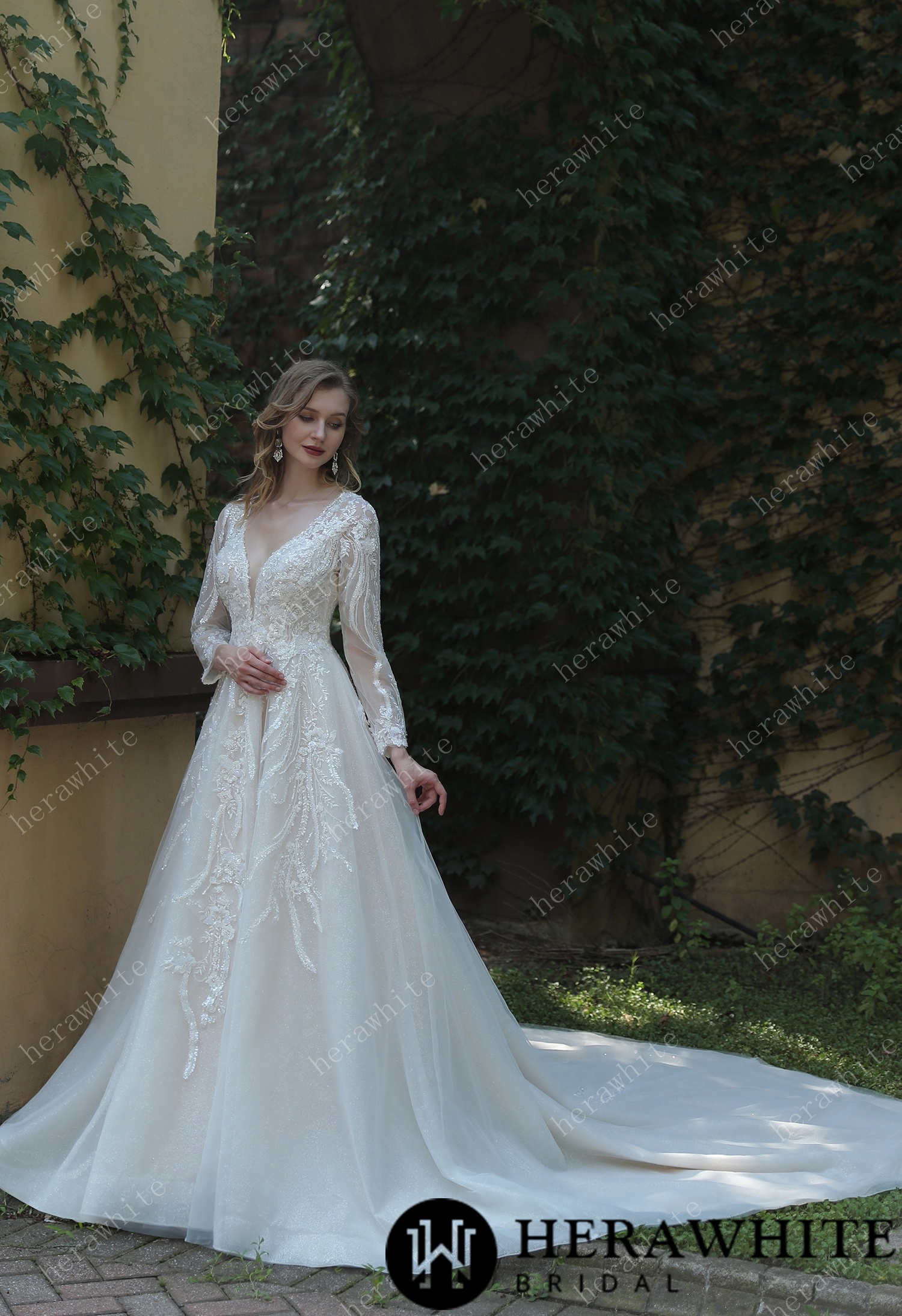 Long Sleeve Lace A-Line Plunging V-Neck Wedding Dress