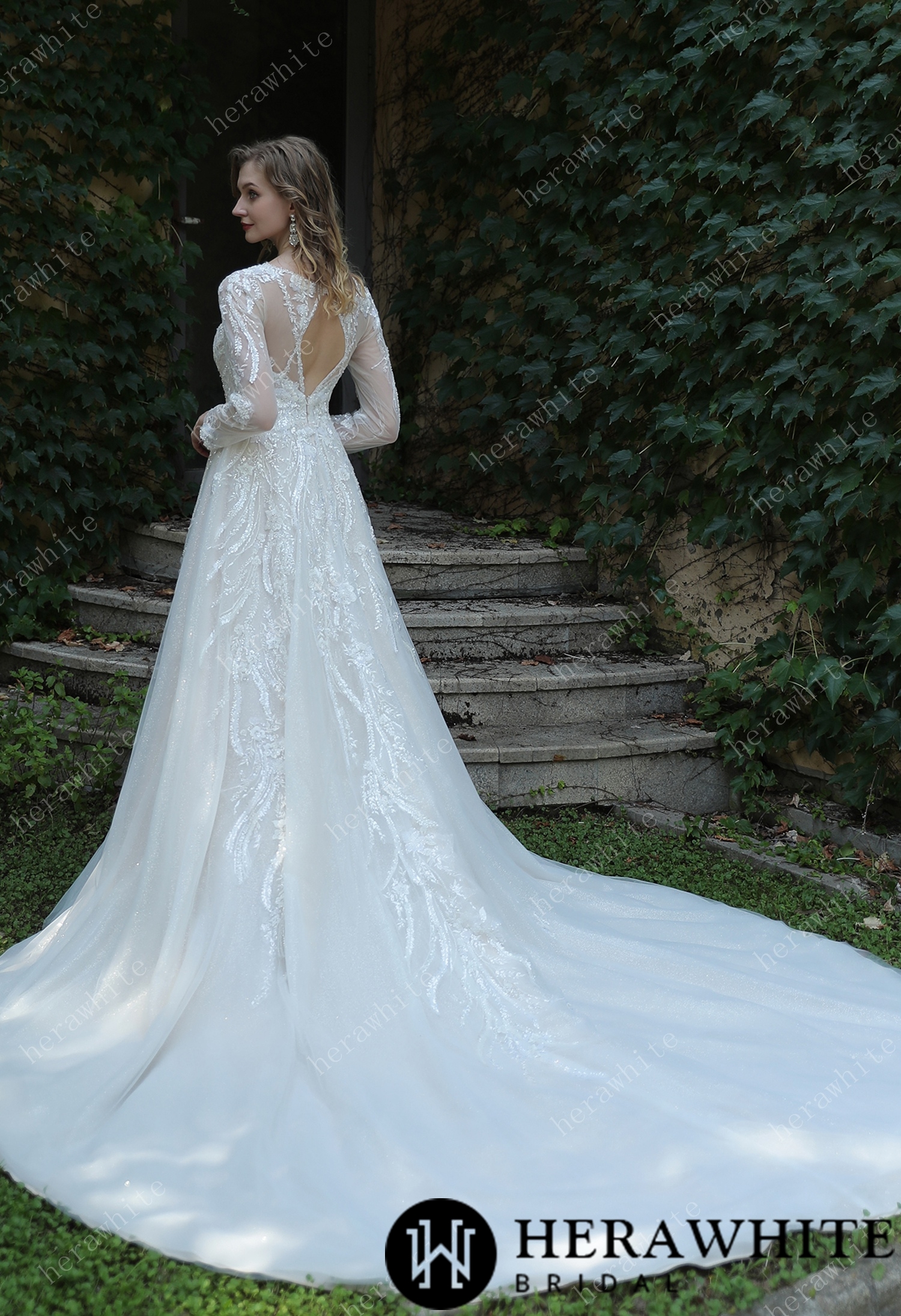 Long Sleeve Lace A-Line Plunging V-Neck Wedding Dress