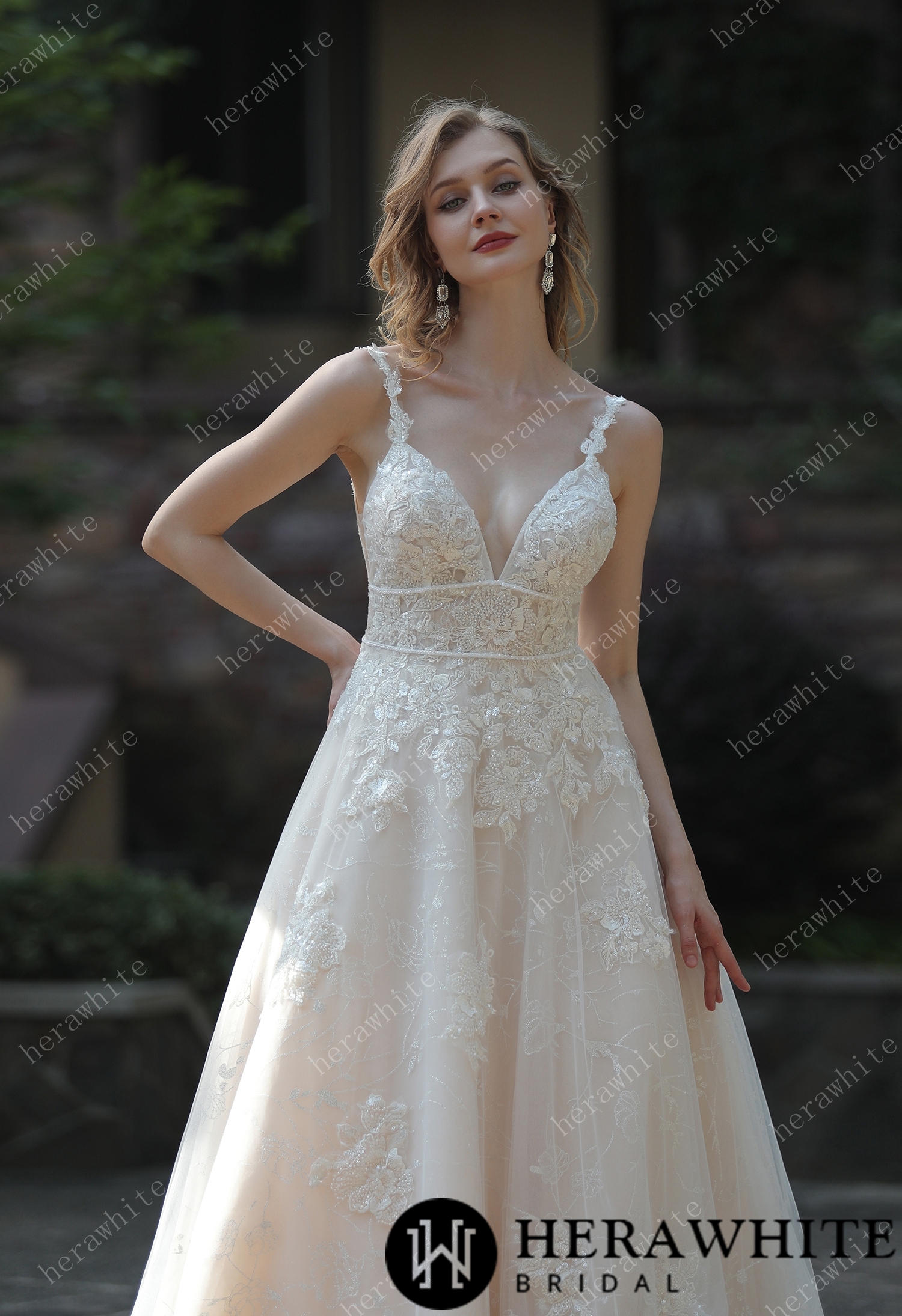 Plunging Sweetheart Beaded Double Band Wedding Dress