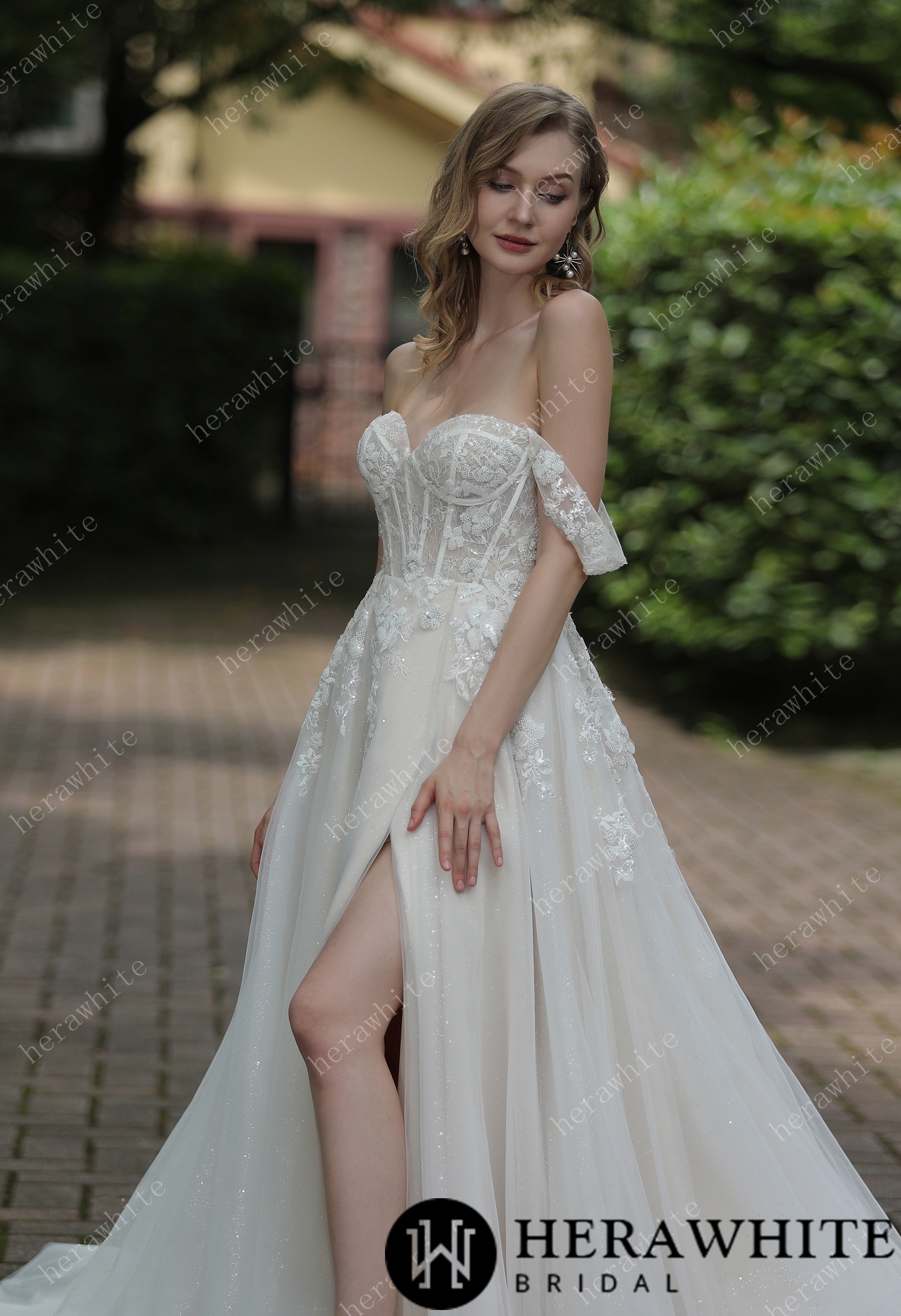 Tulle Off The Shoulder Sweetheart Lace Slit Ballgown Wedding Dress