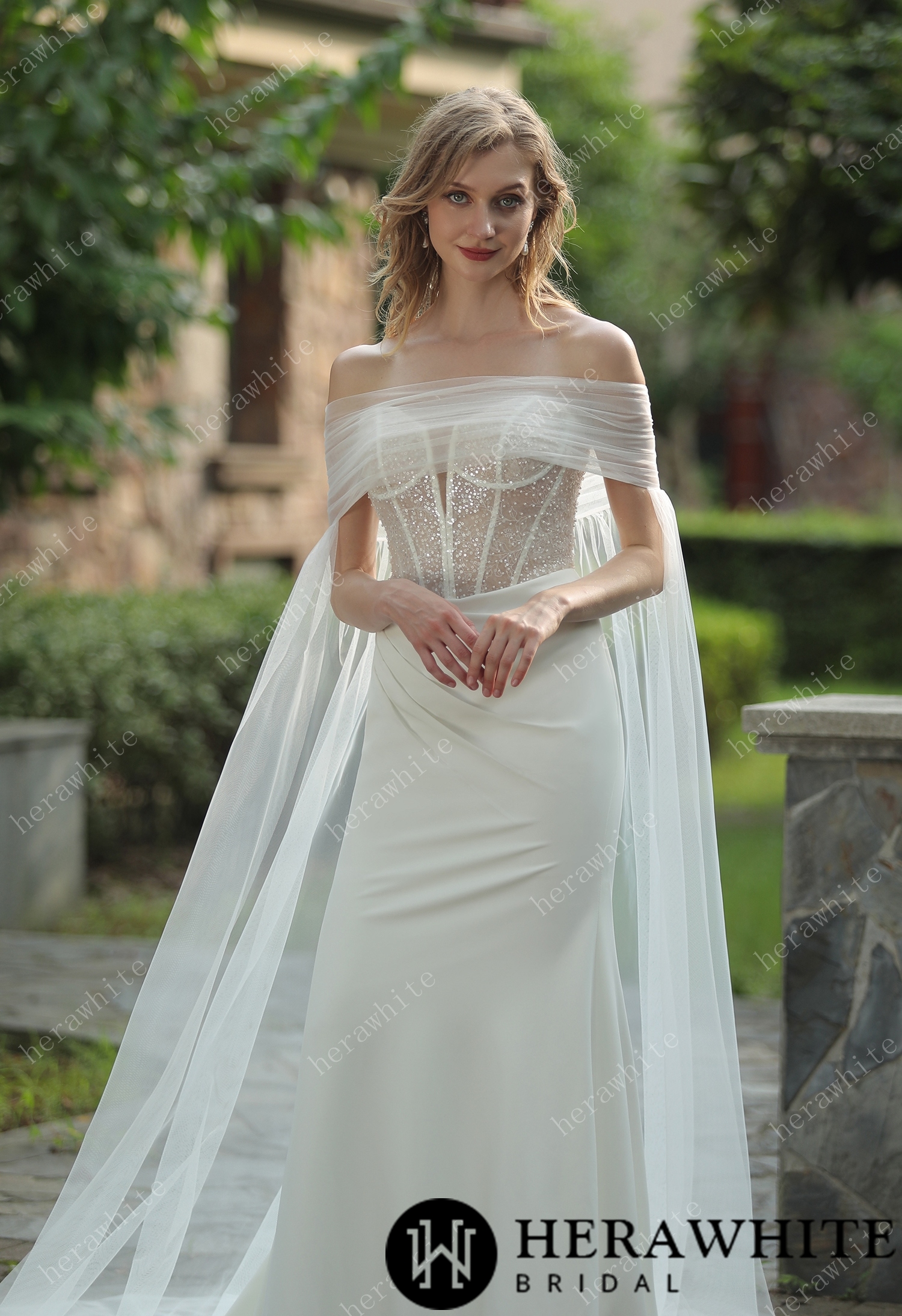 Plunging V-neck Beaded Crepe Fit And Flare Wedding Dress
