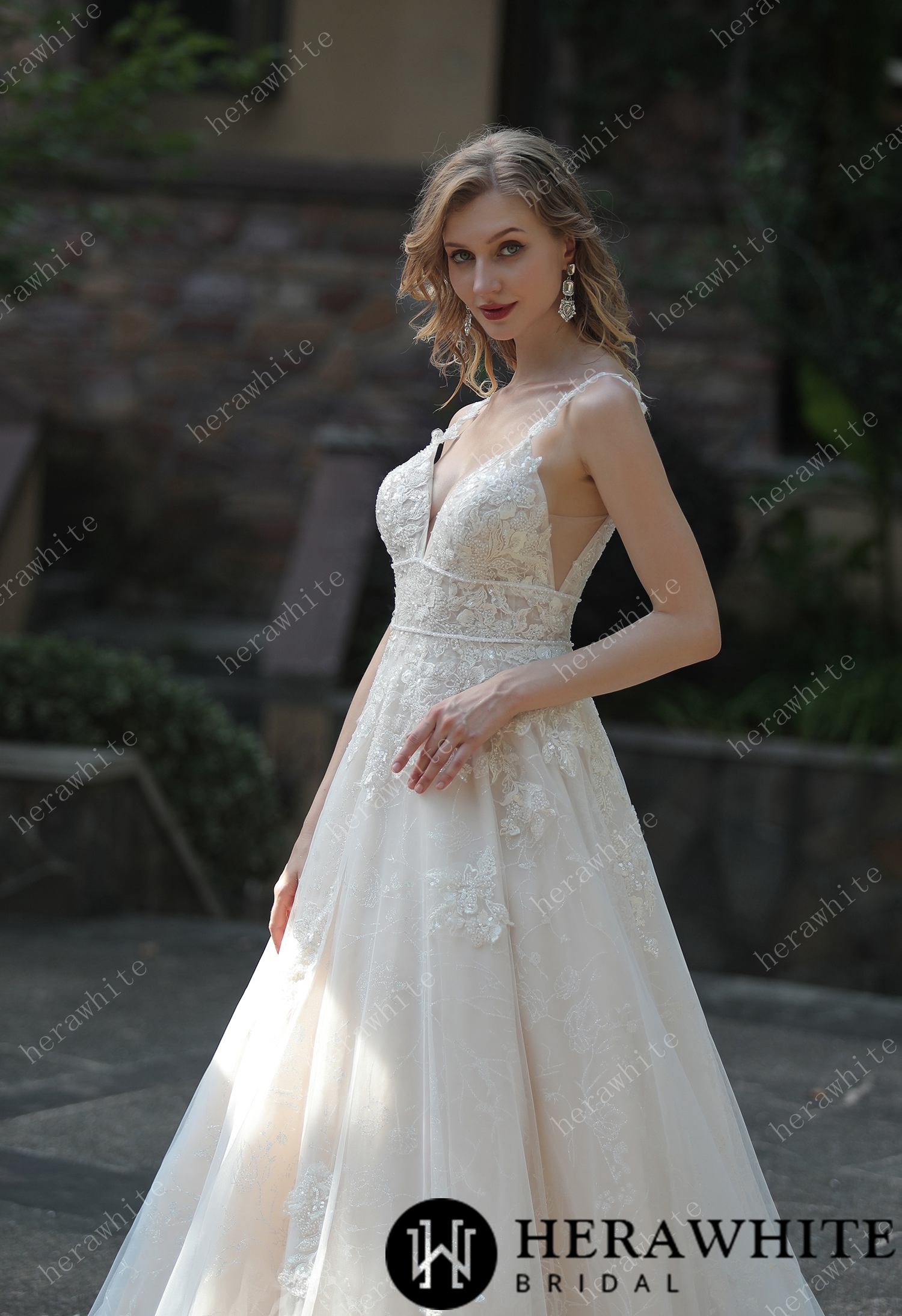 Plunging Sweetheart Beaded Double Band Wedding Dress