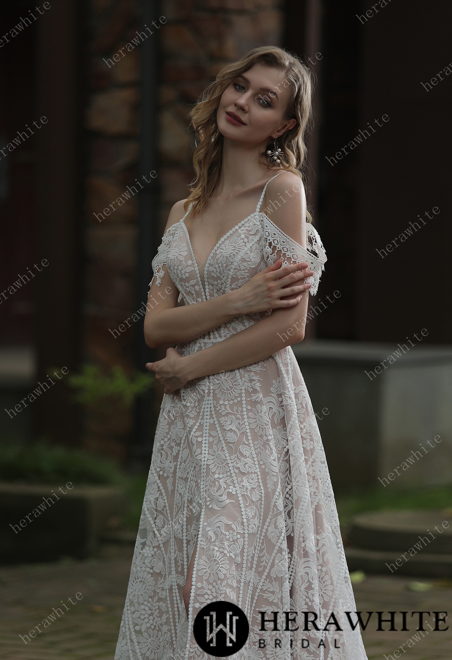 Beach Bohemian Lace Plunging V-Neckline Wedding Dress