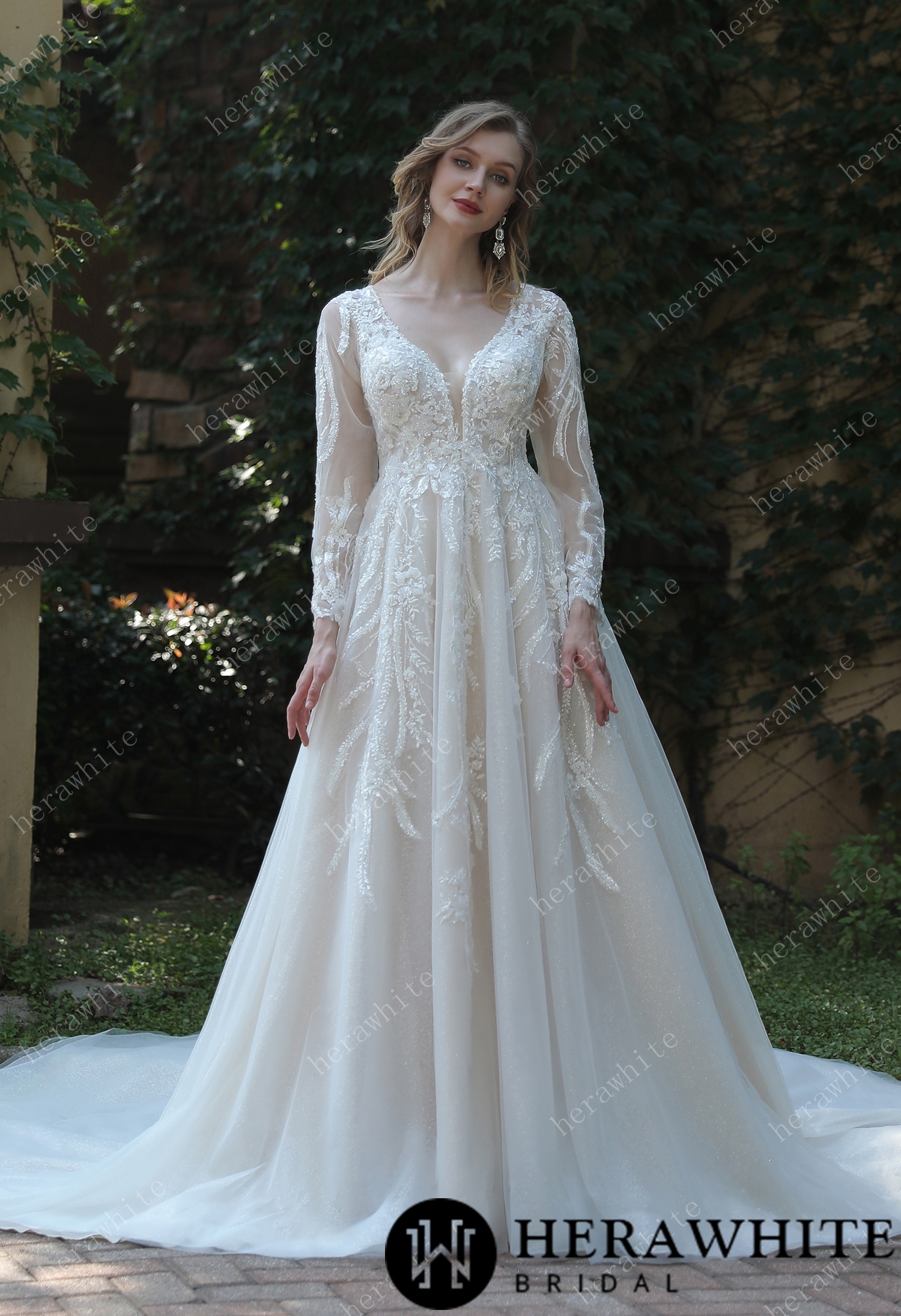 Long Sleeve Lace A-Line Gown With Plunging V-Neck
