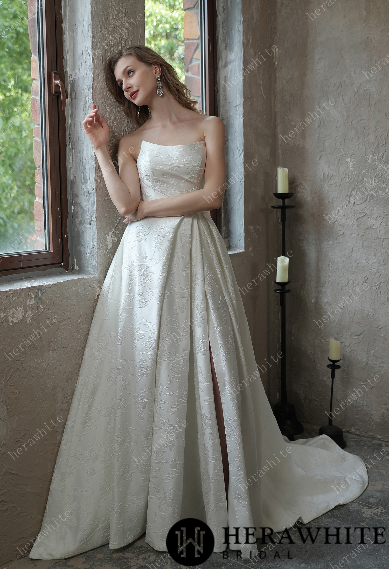 Scoop Neckline Brocade Satin Pockets Ballgown Wedding Dress