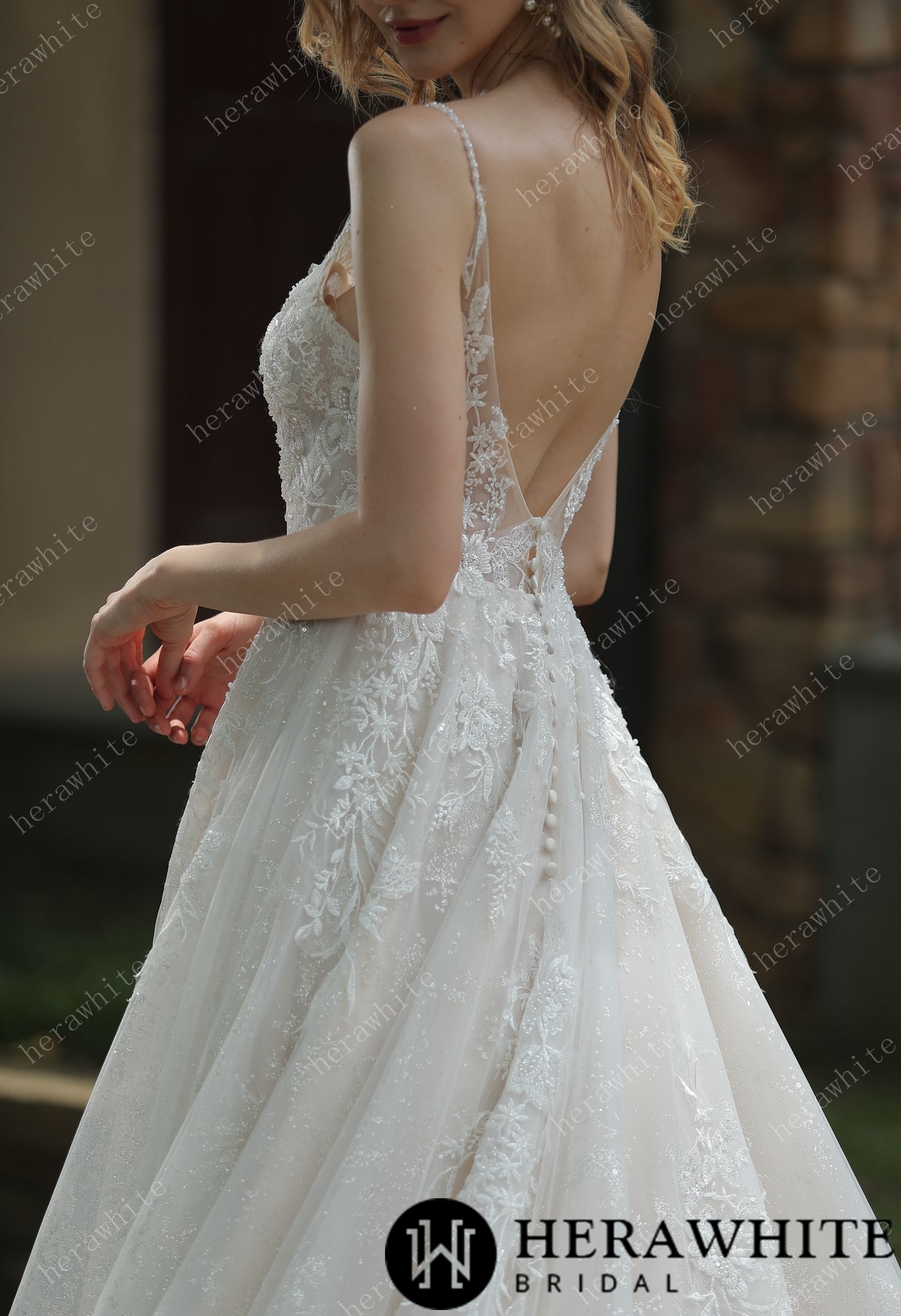 Sparkly A-Line Beaded Spaghetti Straps Wedding Dress