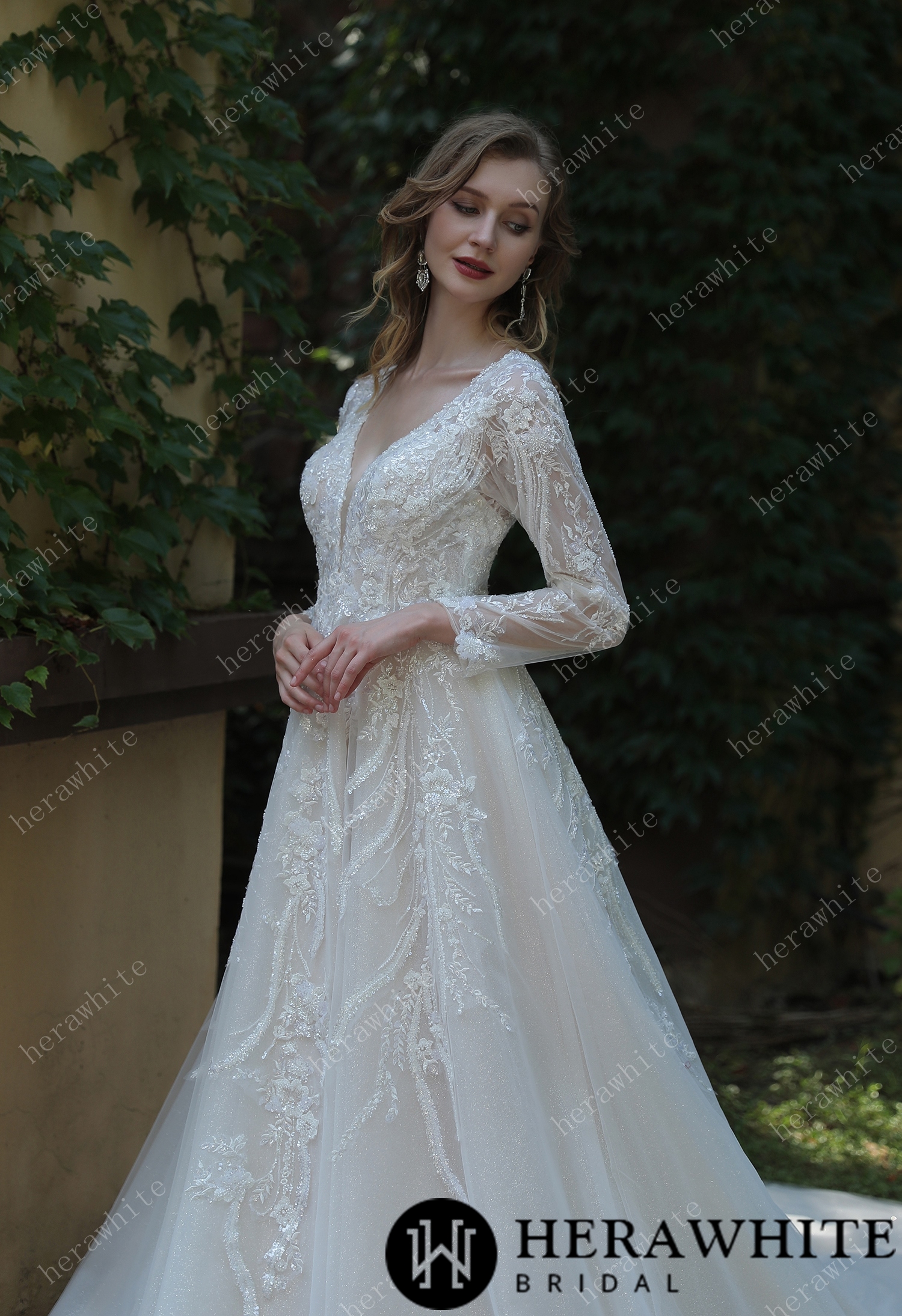 Long Sleeve Lace A-Line Plunging V-Neck Wedding Dress