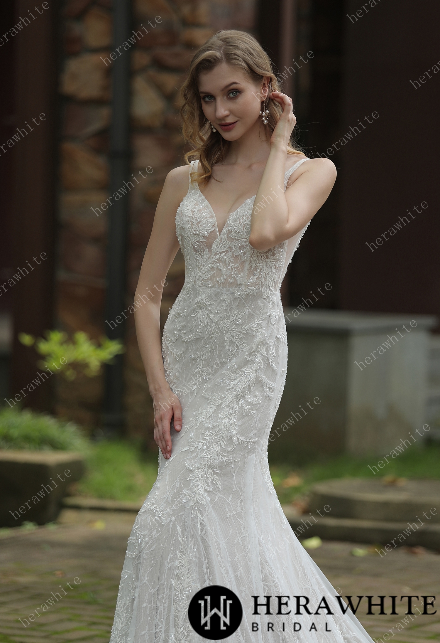 Classic V-Neck Allover Lace Fit And Flare Wedding Dress