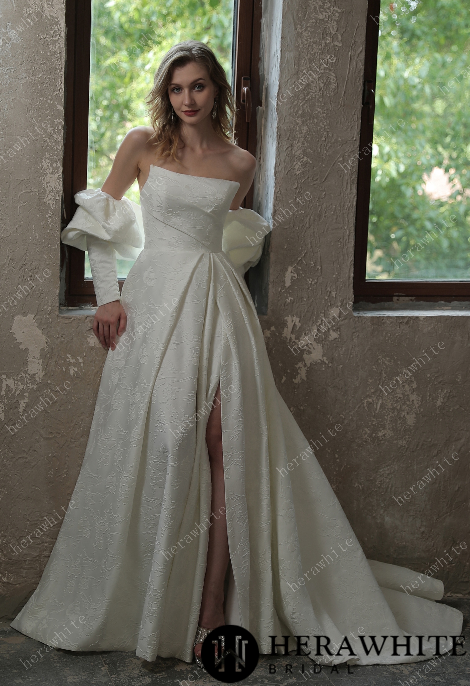Scoop Neckline Brocade Satin Pockets Ballgown Wedding Dress