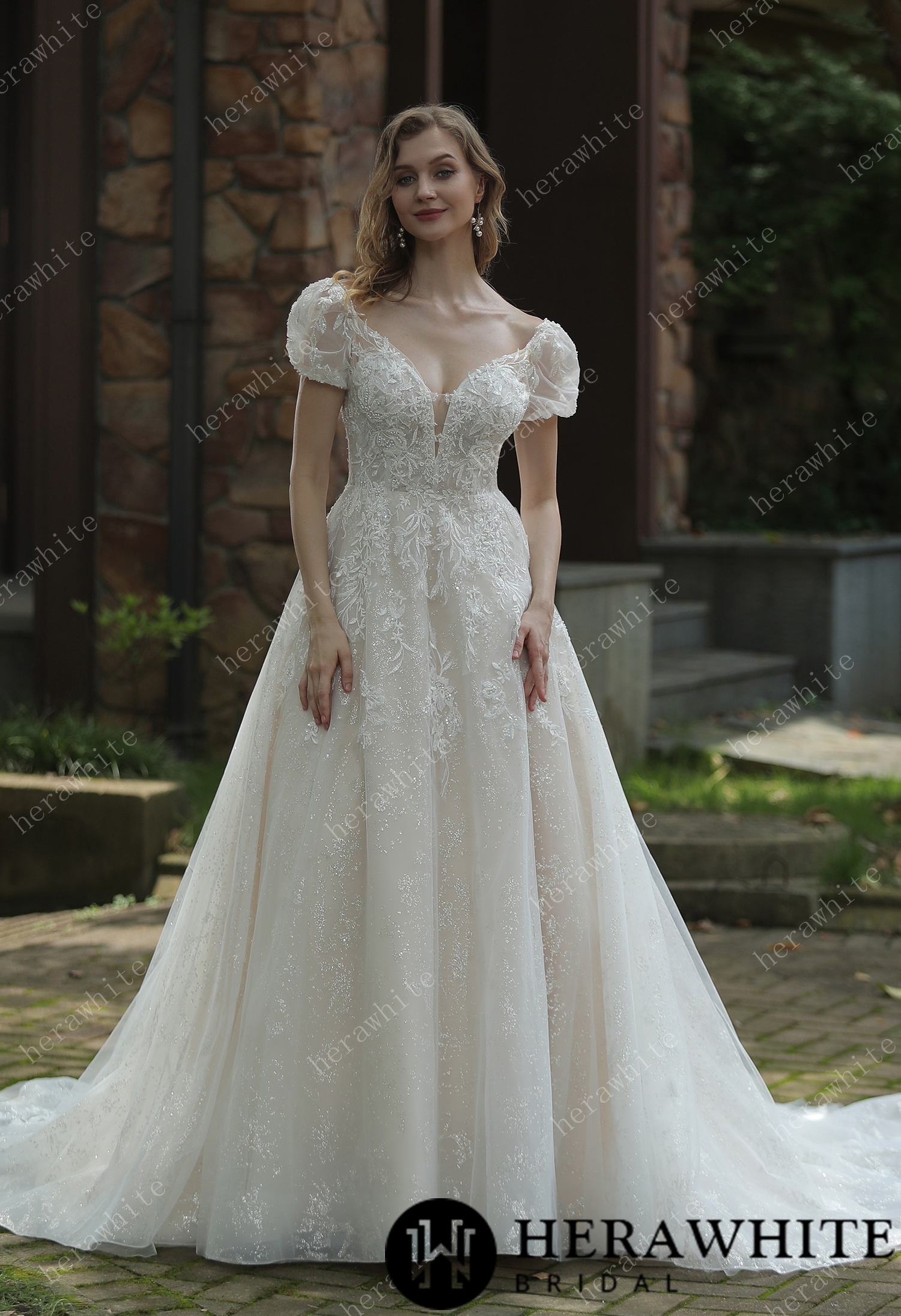 Sparkly A-Line Beaded Spaghetti Straps Wedding Dress