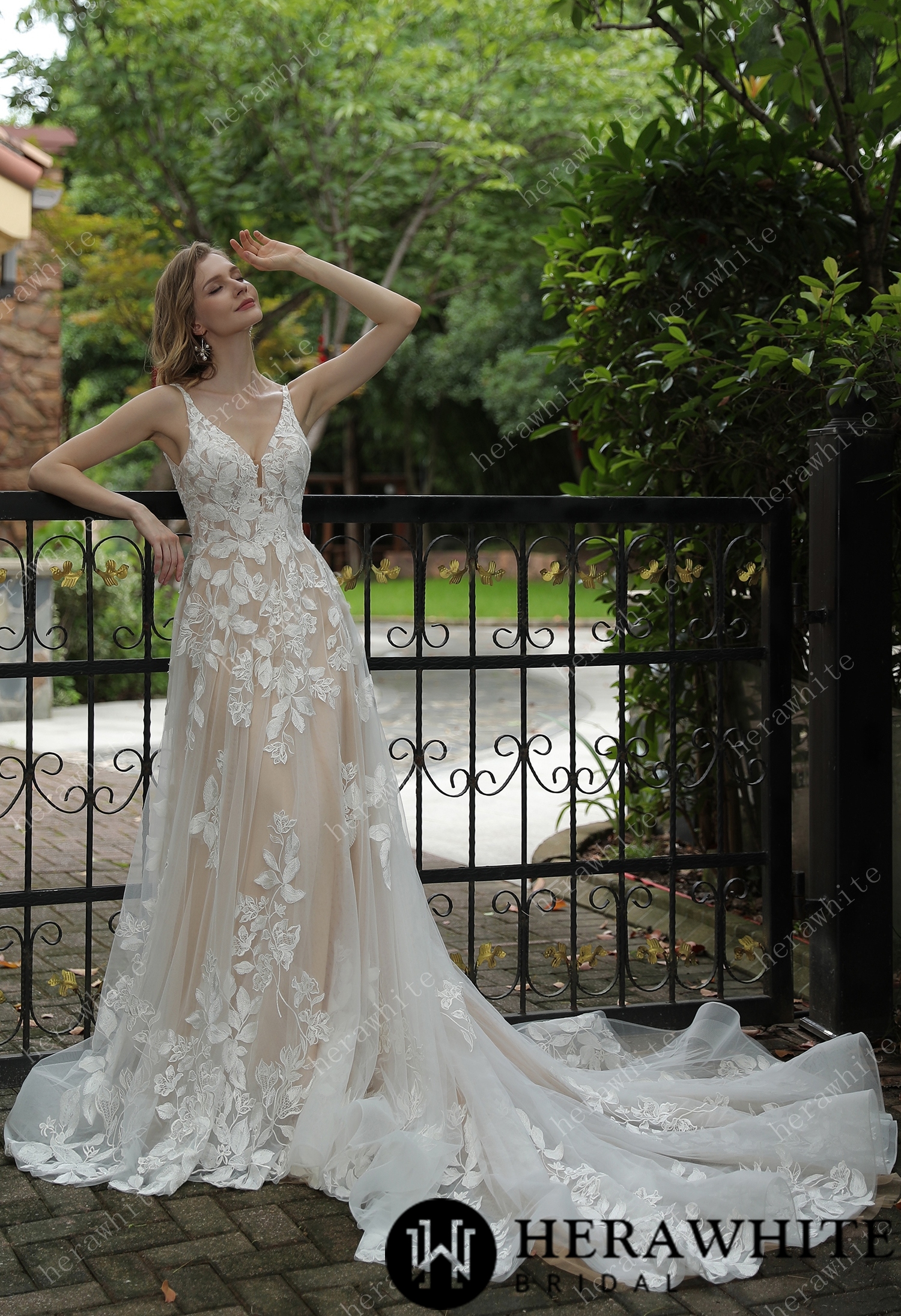 Luxurious Floral Lace  A-Line Sheer Train Wedding Dress