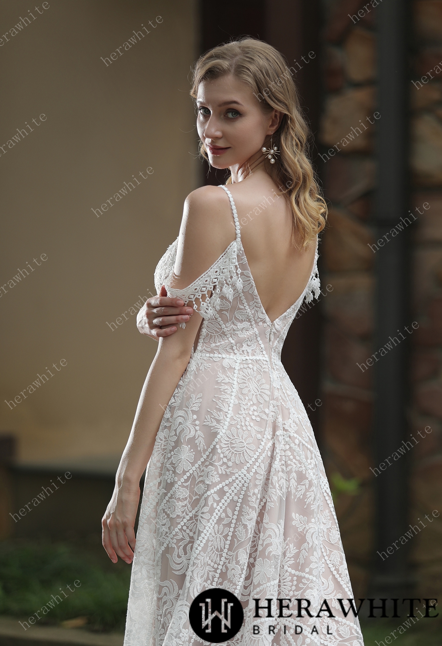 Beach Bohemian Lace Plunging V-Neckline Wedding Dress