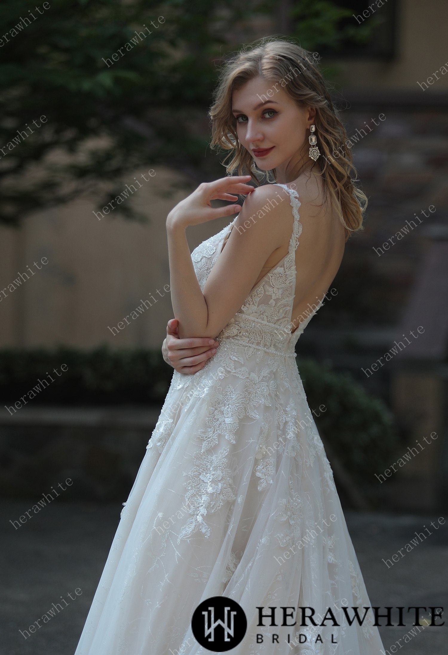 Plunging Sweetheart Beaded Double Band Wedding Dress