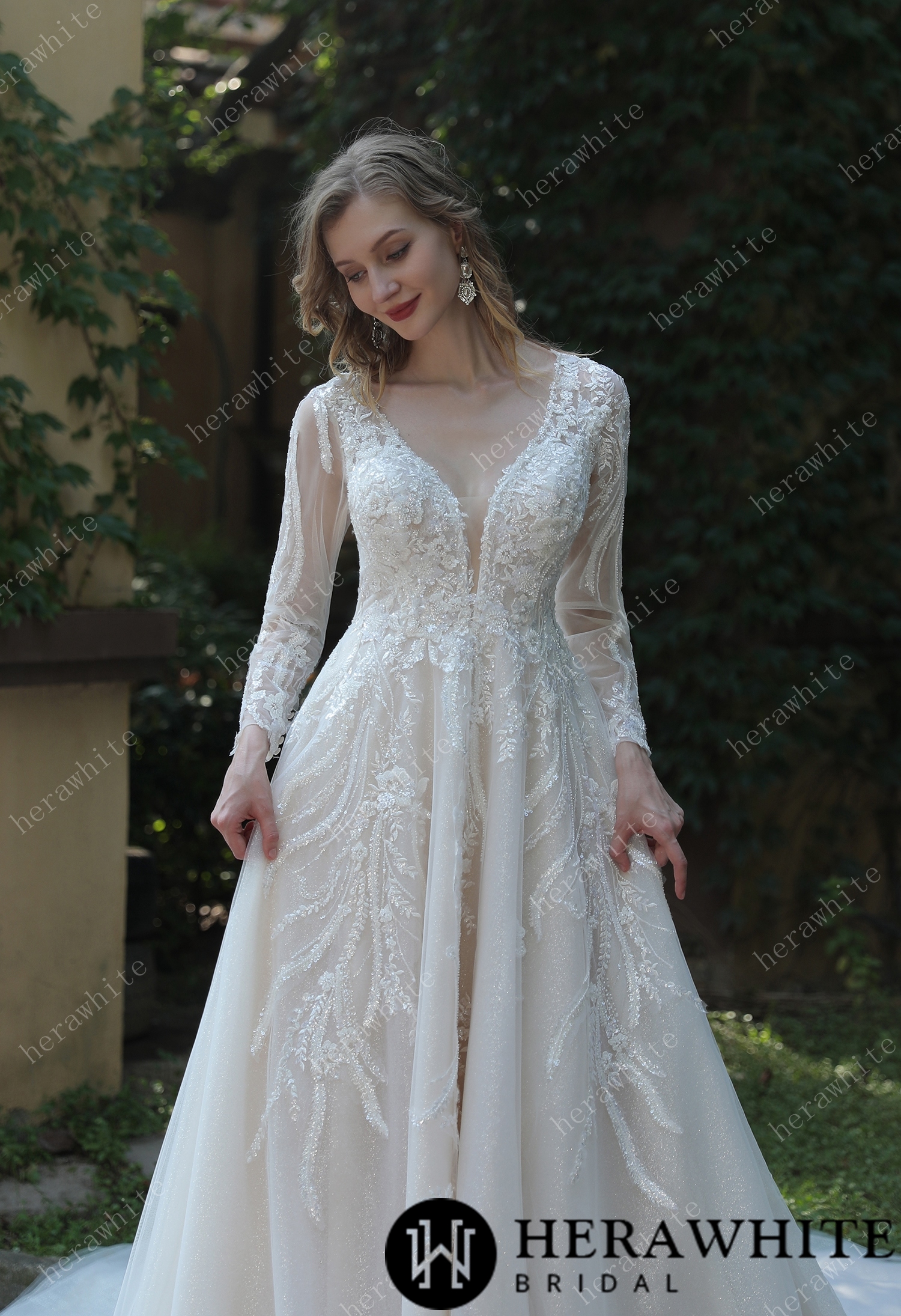 Long Sleeve Lace A-Line Plunging V-Neck Wedding Dress