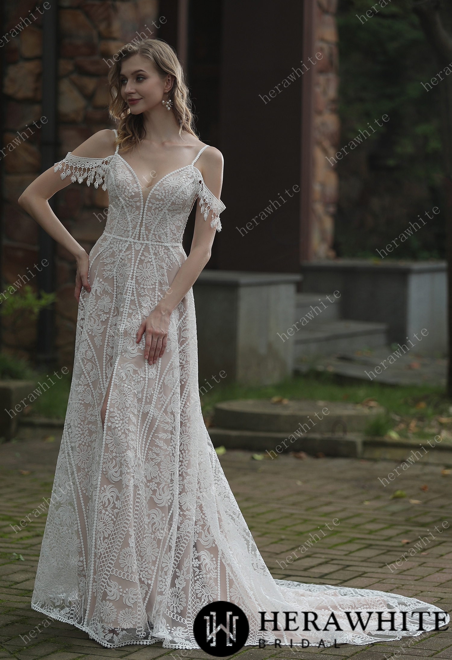 Beach Bohemian Lace Plunging V-Neckline Wedding Dress