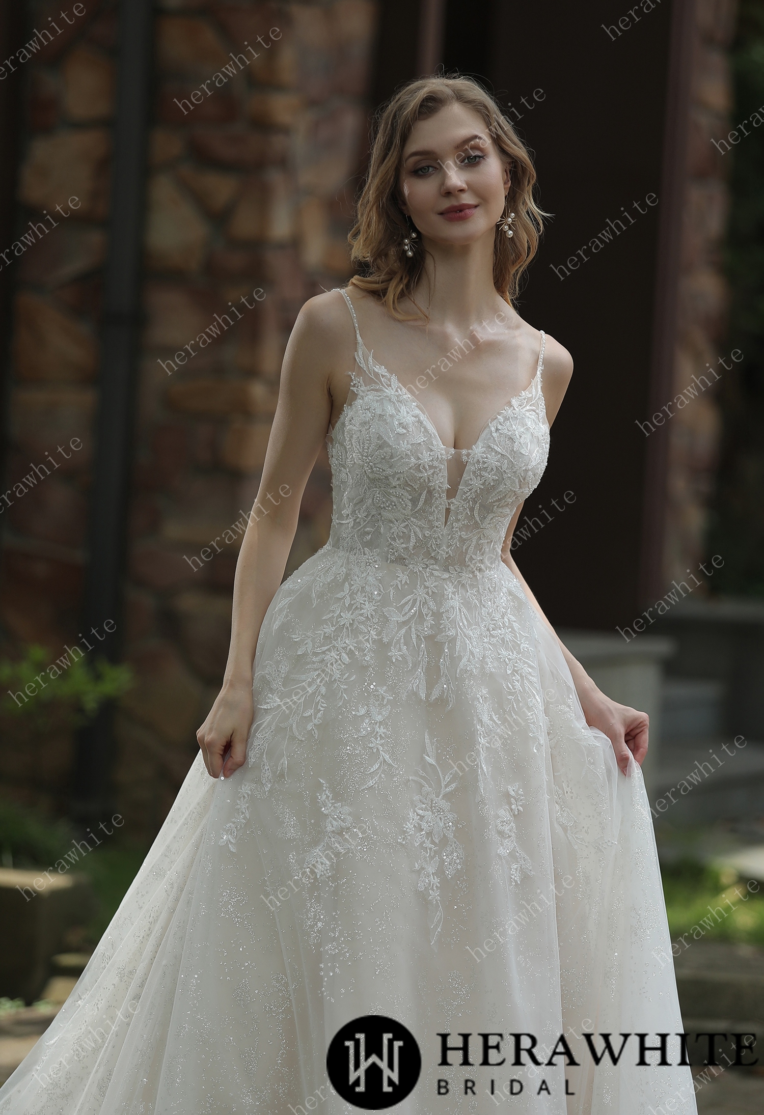Sparkly A-Line Beaded Spaghetti Straps Wedding Dress