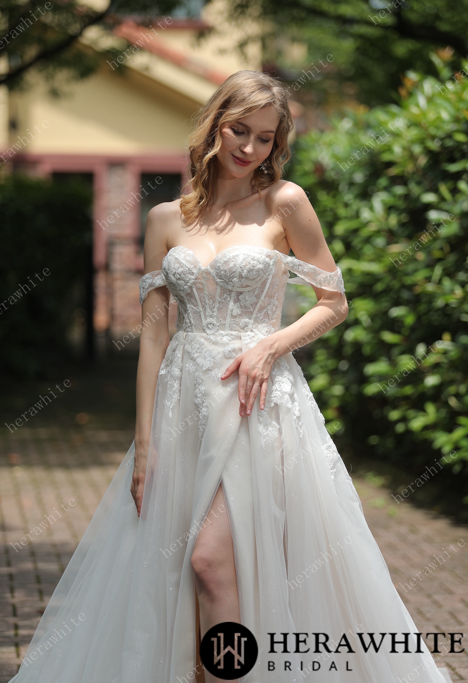 Tulle Off The Shoulder Sweetheart Lace Slit Ballgown Wedding Dress