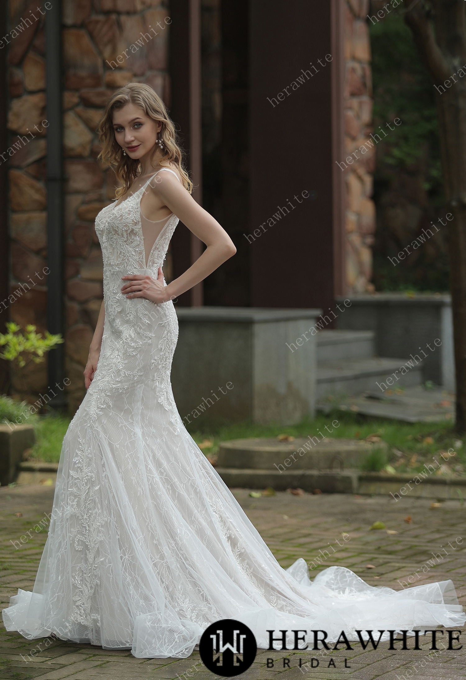 Classic V-Neck Allover Lace Fit And Flare Wedding Dress