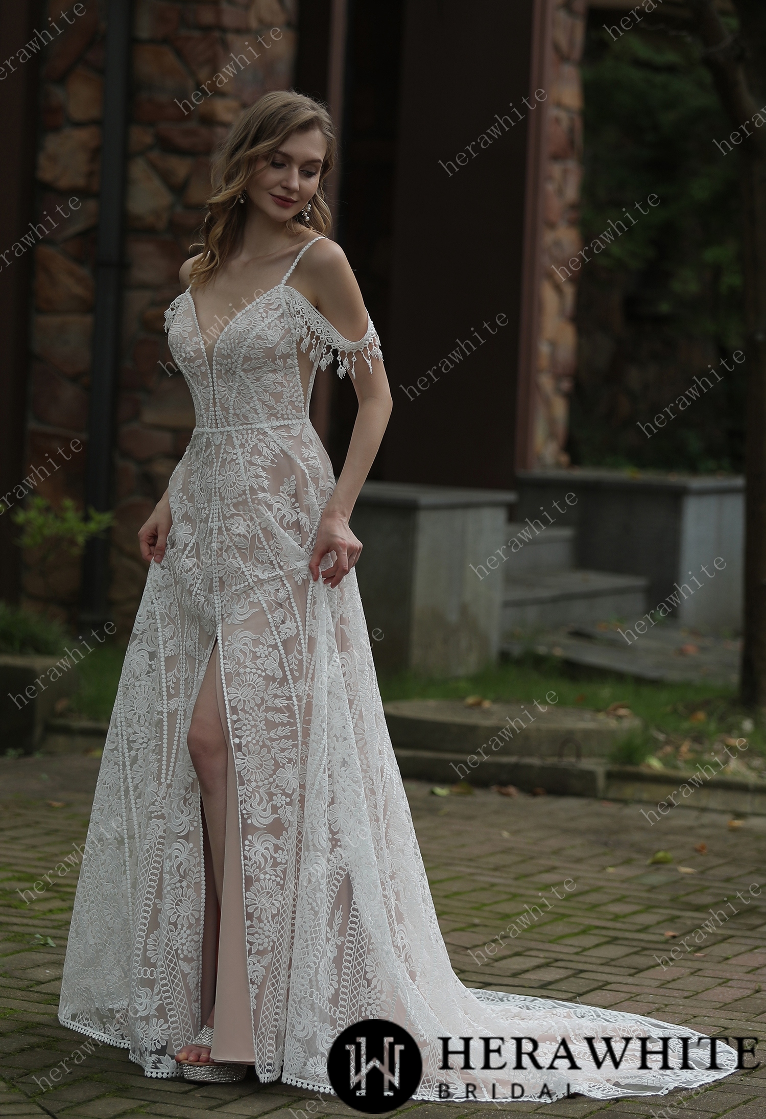 Beach Bohemian Lace Plunging V-Neckline Wedding Dress