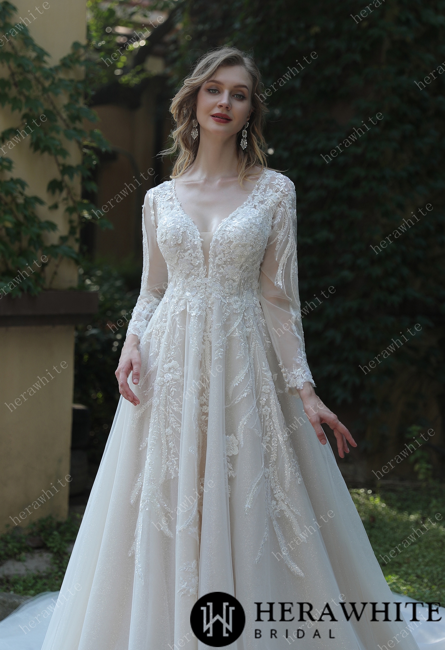 Long Sleeve Lace A-Line Plunging V-Neck Wedding Dress